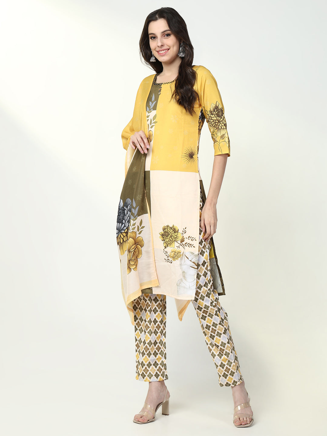 Women Floral Yellow Straight Kurta Set with Dupatta