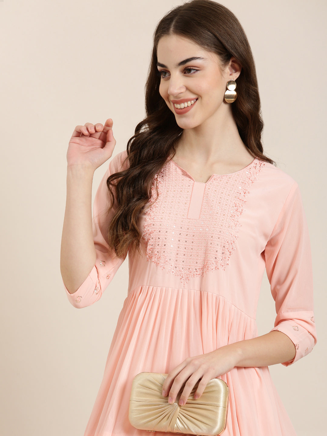 Women Solid Empire Peach Kurta