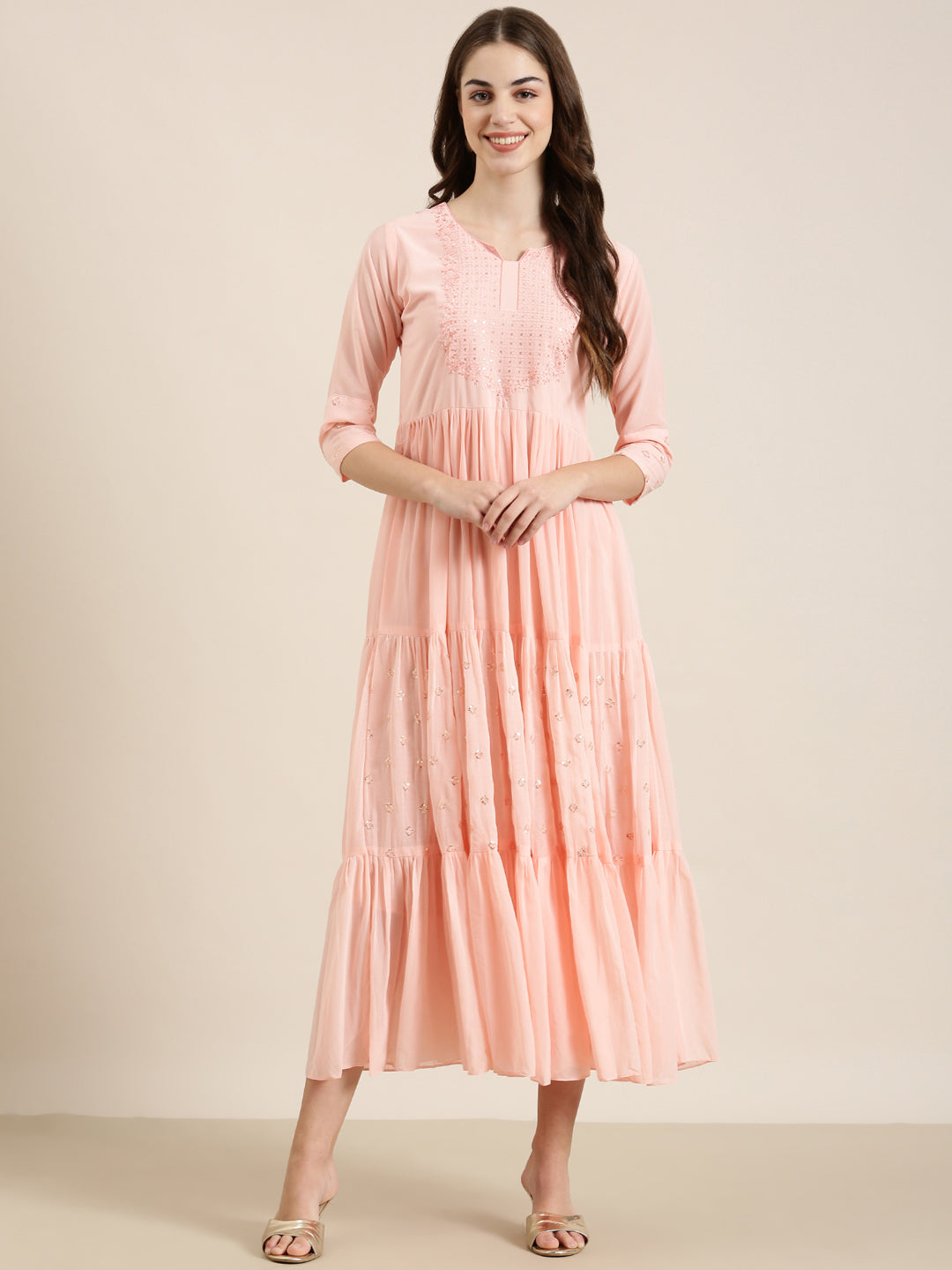 Women Solid Empire Peach Kurta