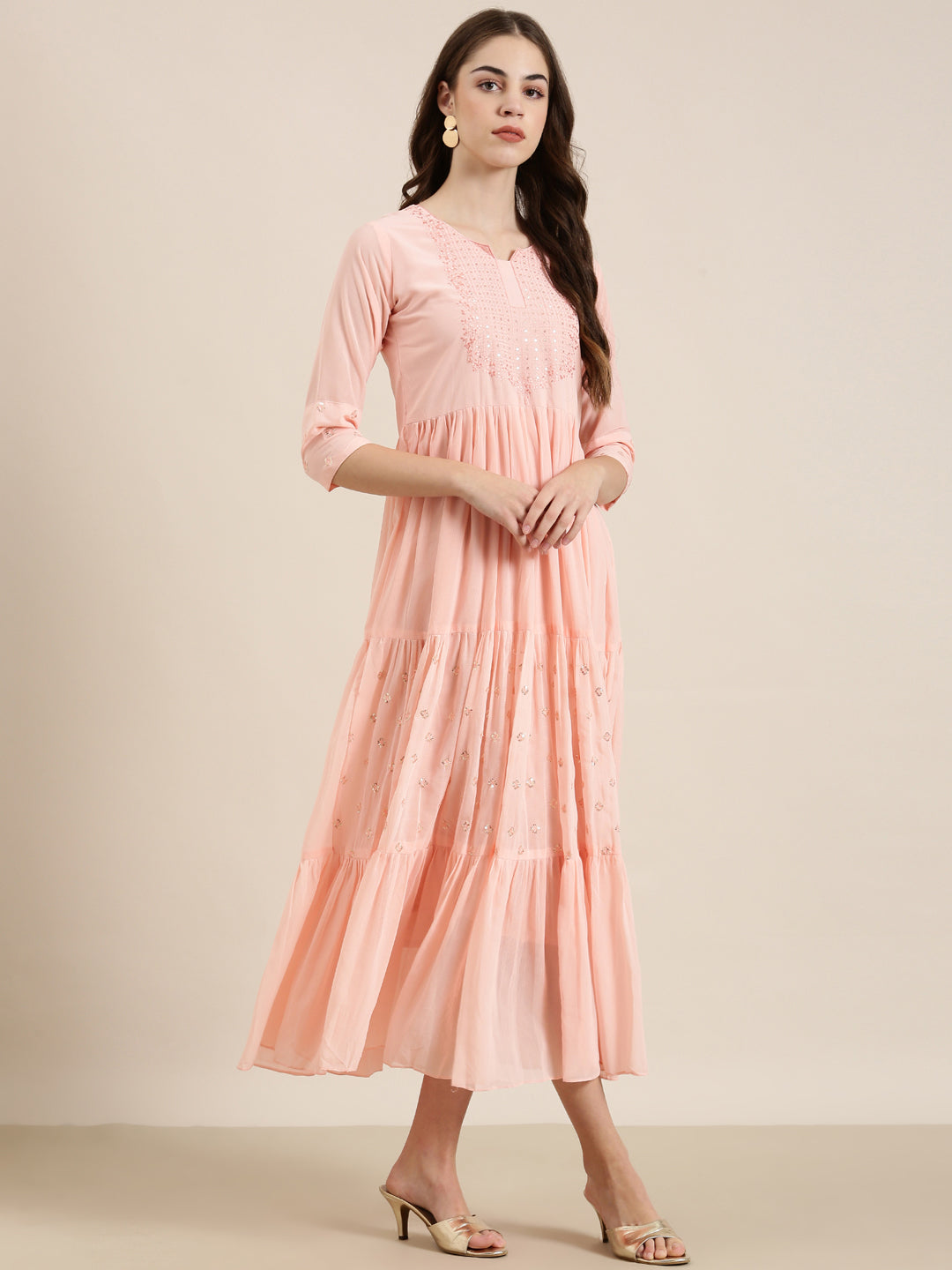 Women Solid Empire Peach Kurta