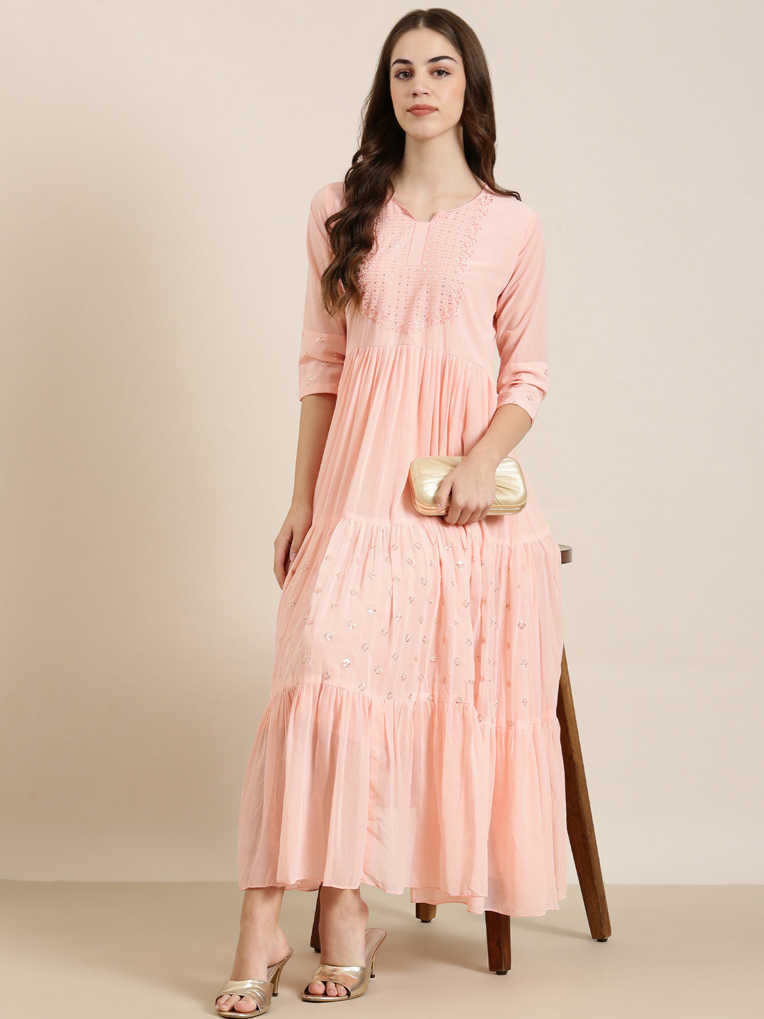 Women Solid Empire Peach Kurta