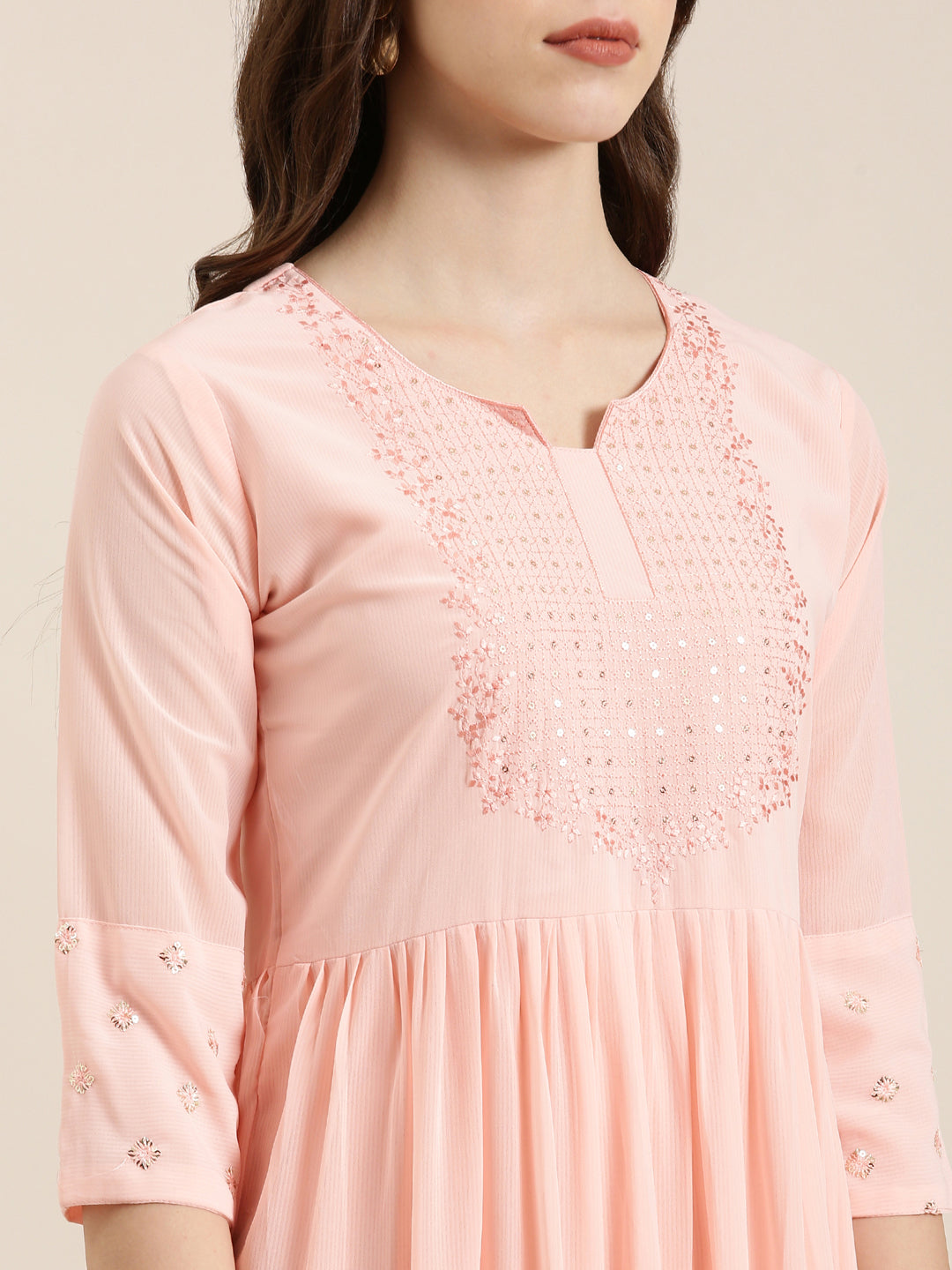 Women Solid Empire Peach Kurta