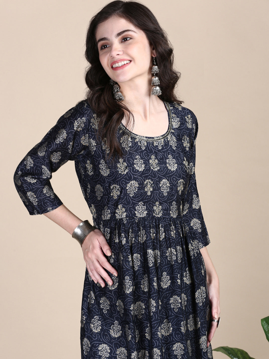 Women Floral Navy Blue A-Line Kurta Set