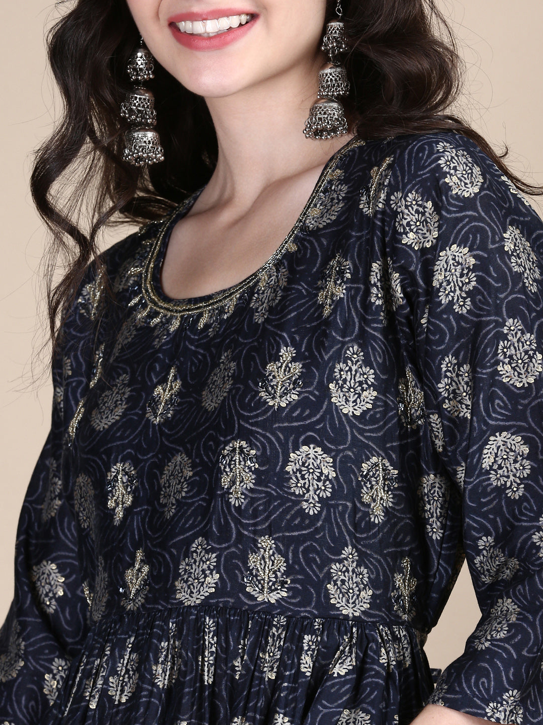 Women Floral Navy Blue A-Line Kurta Set