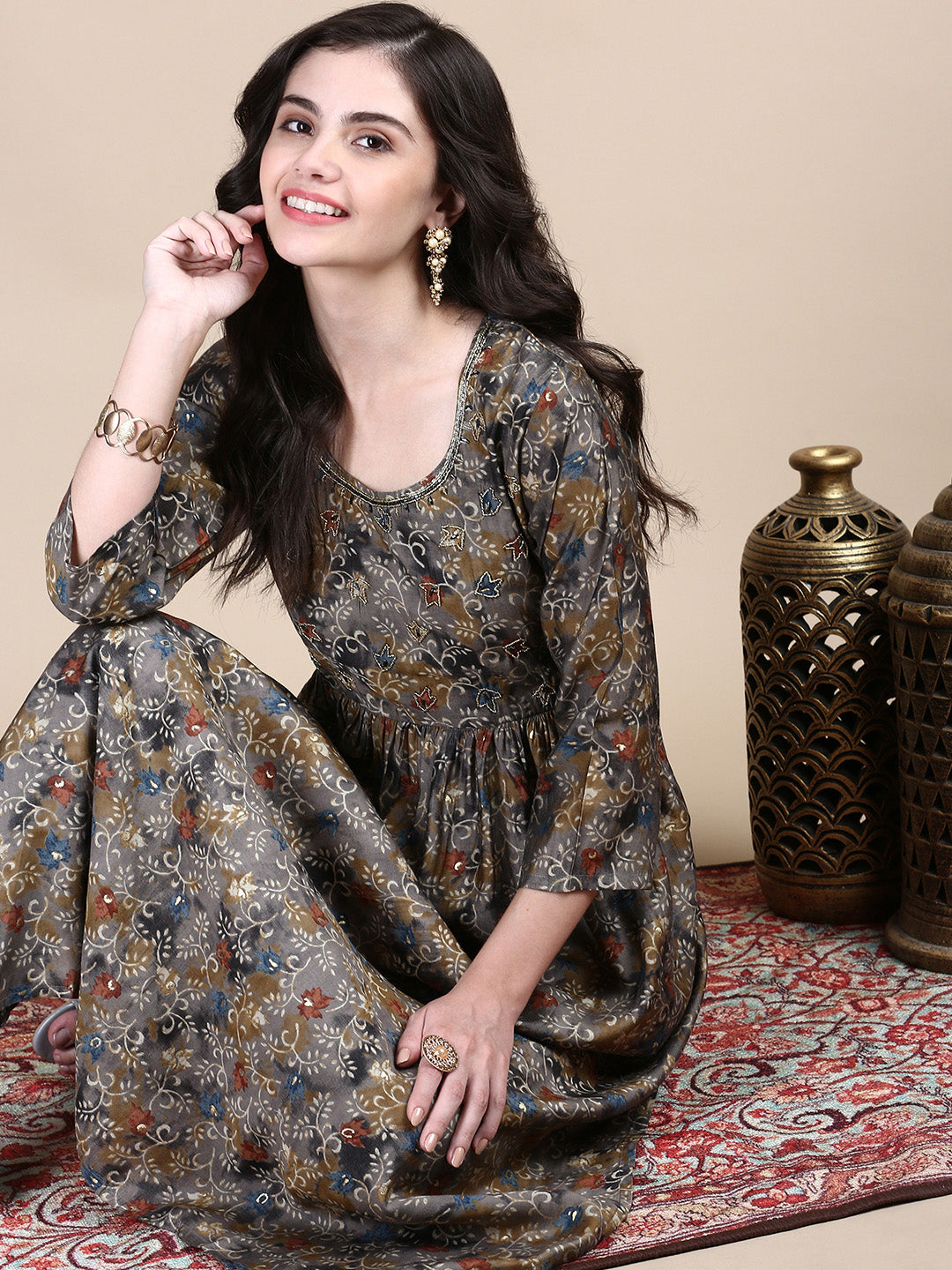 Women Floral Grey A-Line Kurta Set