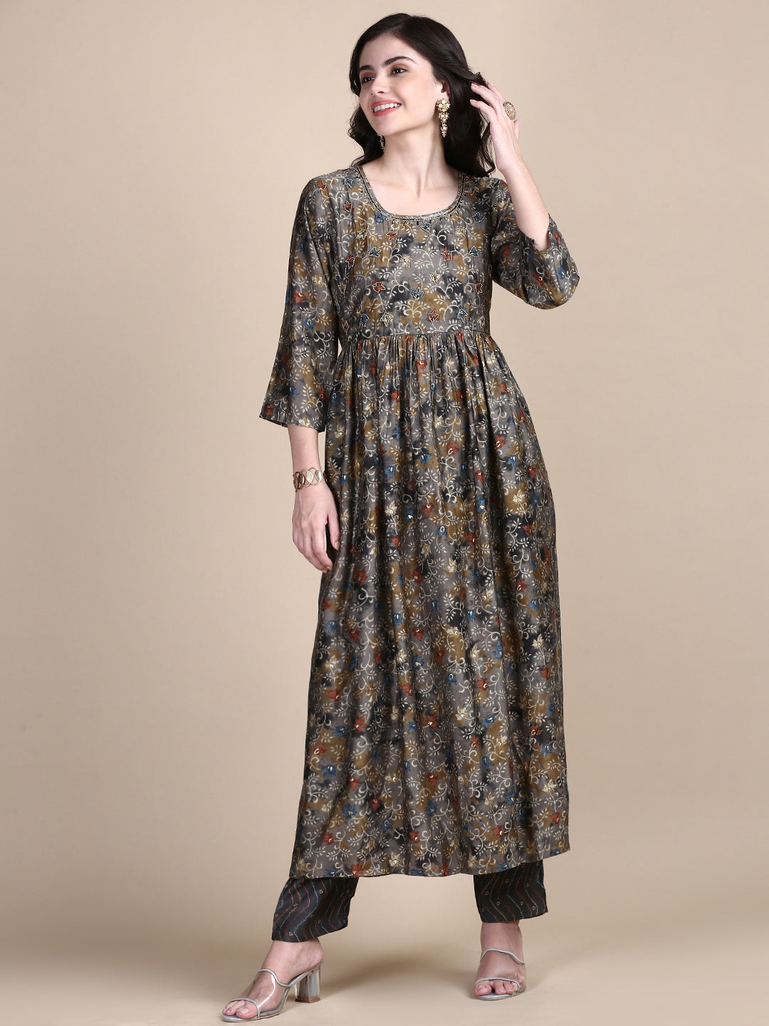 Women Floral Grey A-Line Kurta Set