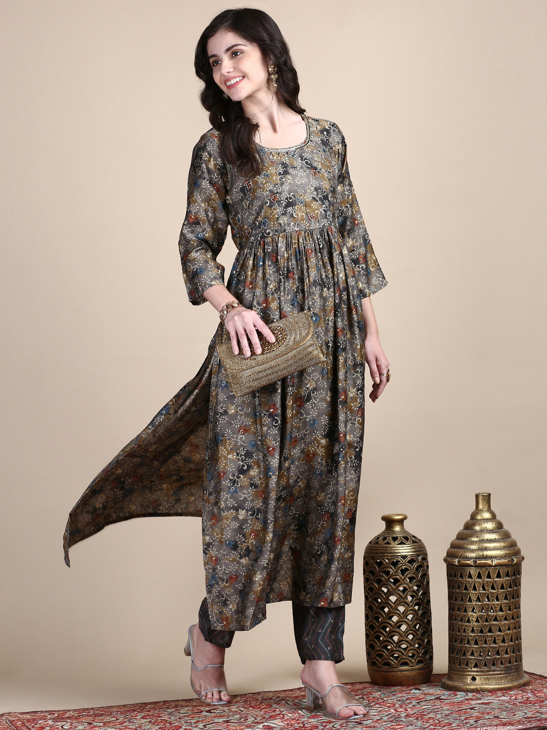 Women Floral Grey A-Line Kurta Set