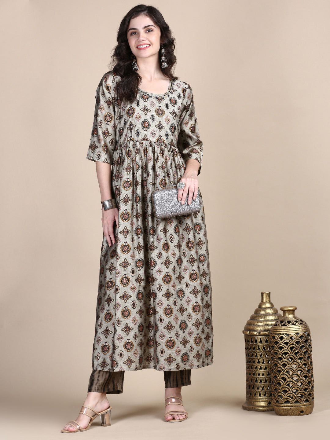 Women Ethnic Motifs Grey A-Line Kurta Set