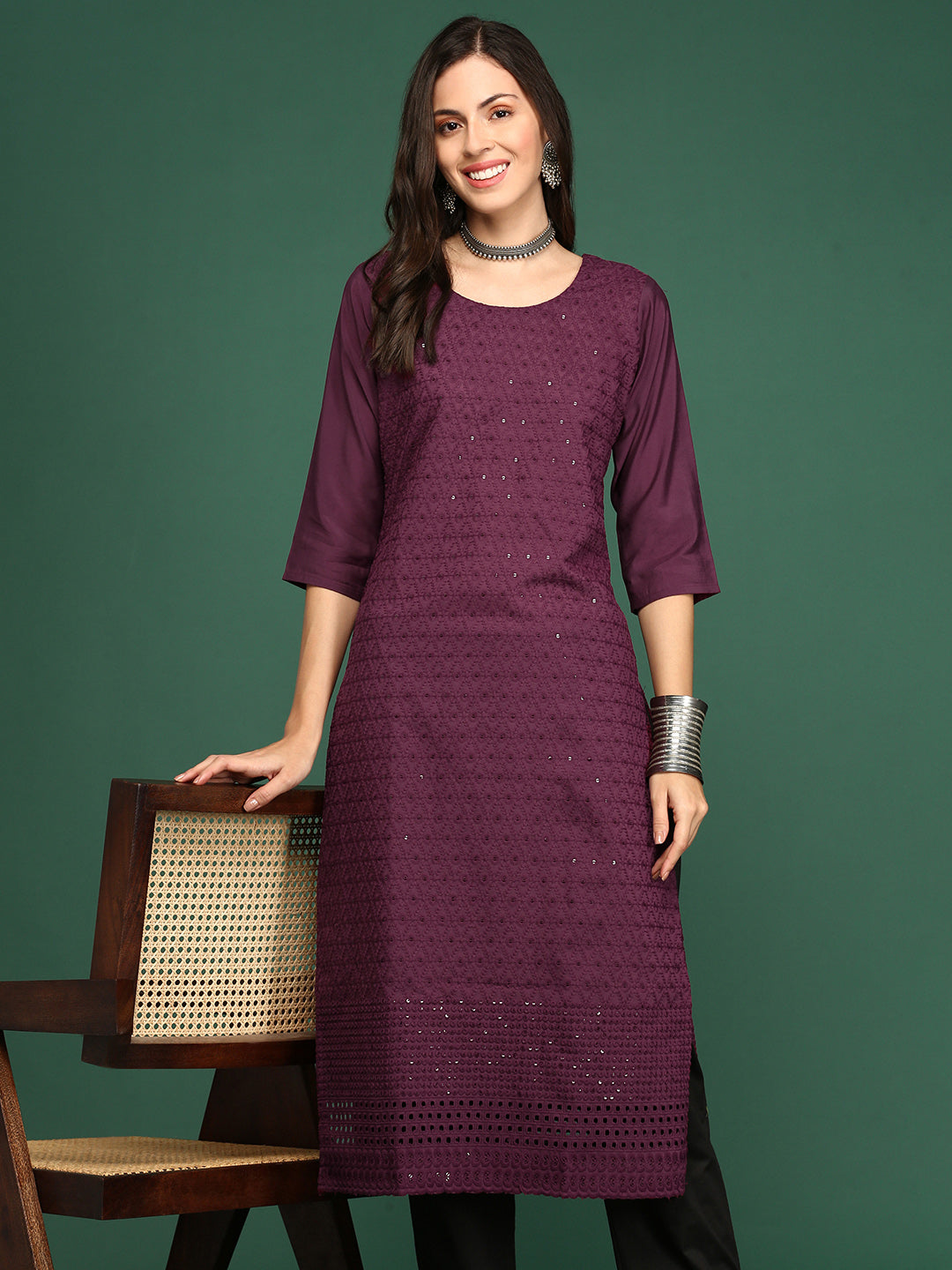 Women Purple Embellished Straight Kurta