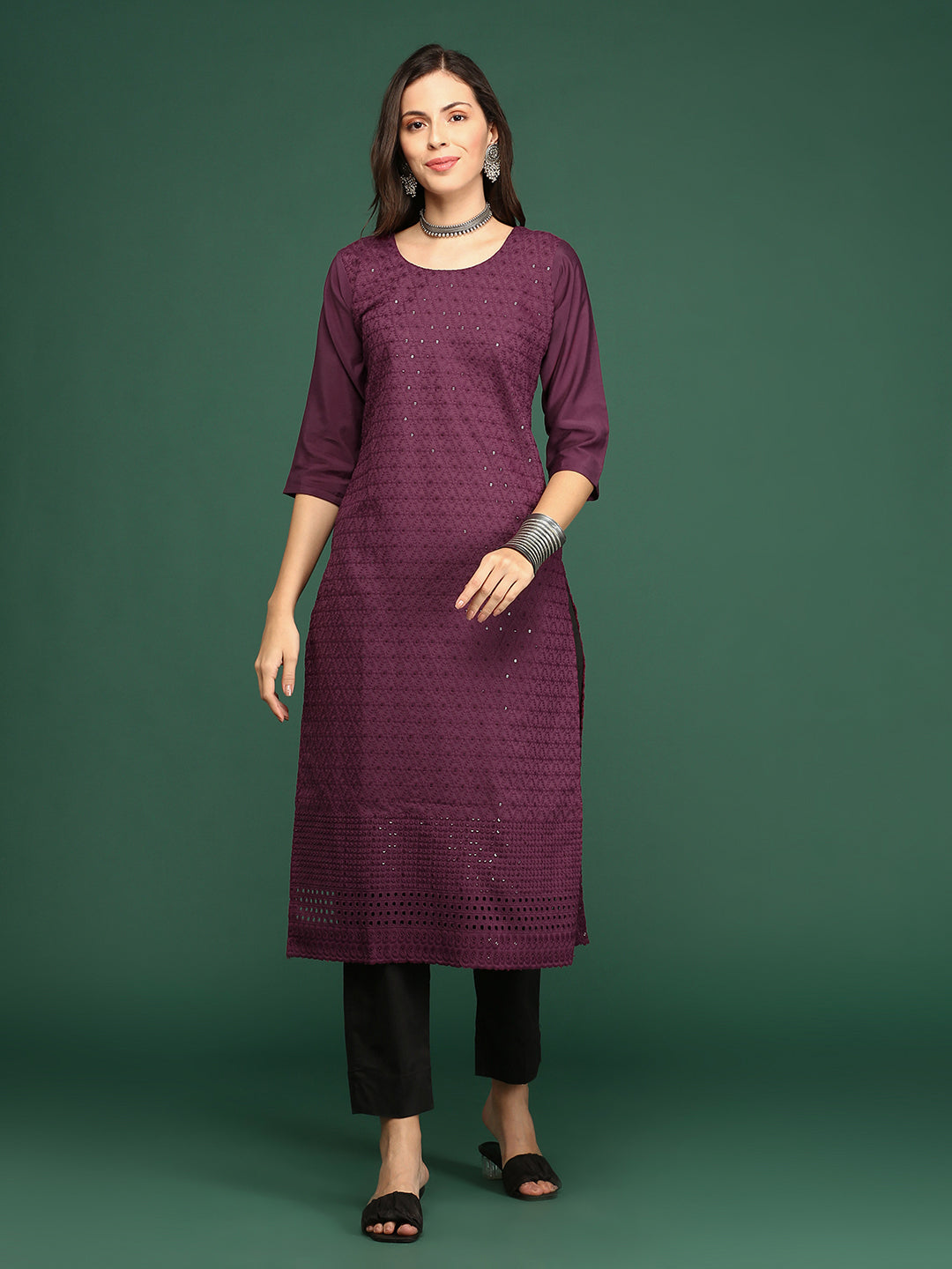 Women Purple Embellished Straight Kurta