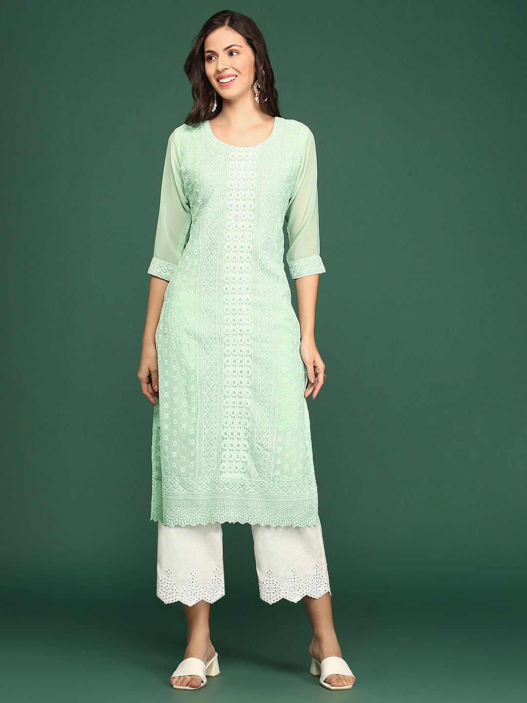 Women Sea Green Embellished Straight Kurta