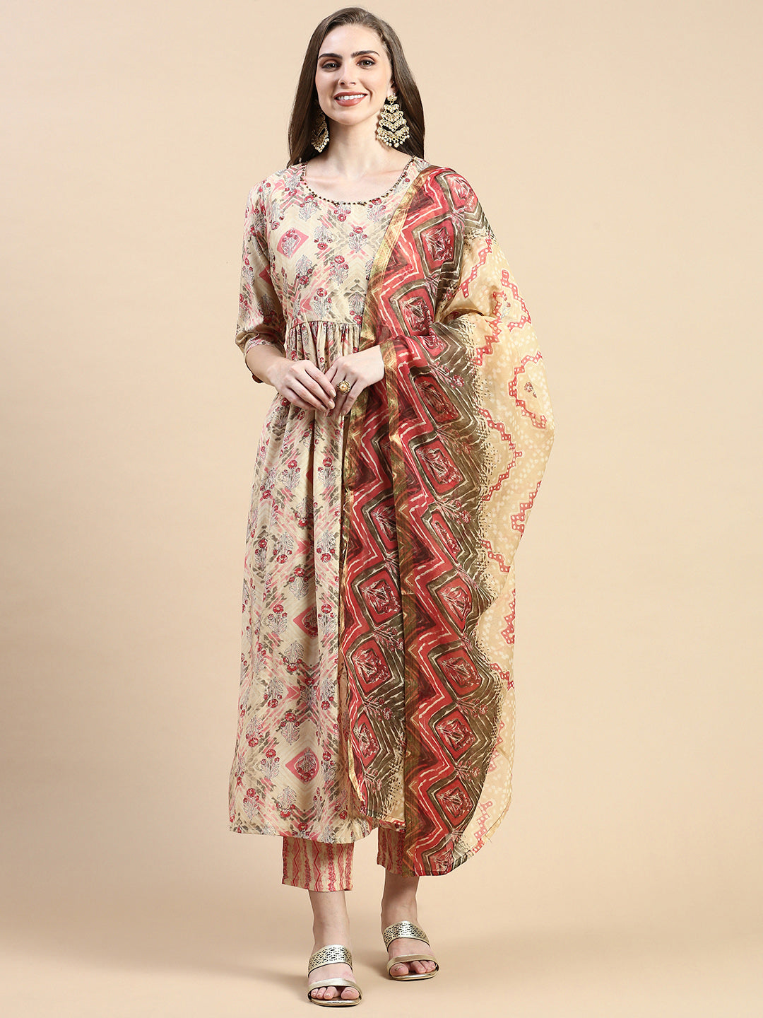 Women Floral Beige A-Line Kurta Set with Dupatta