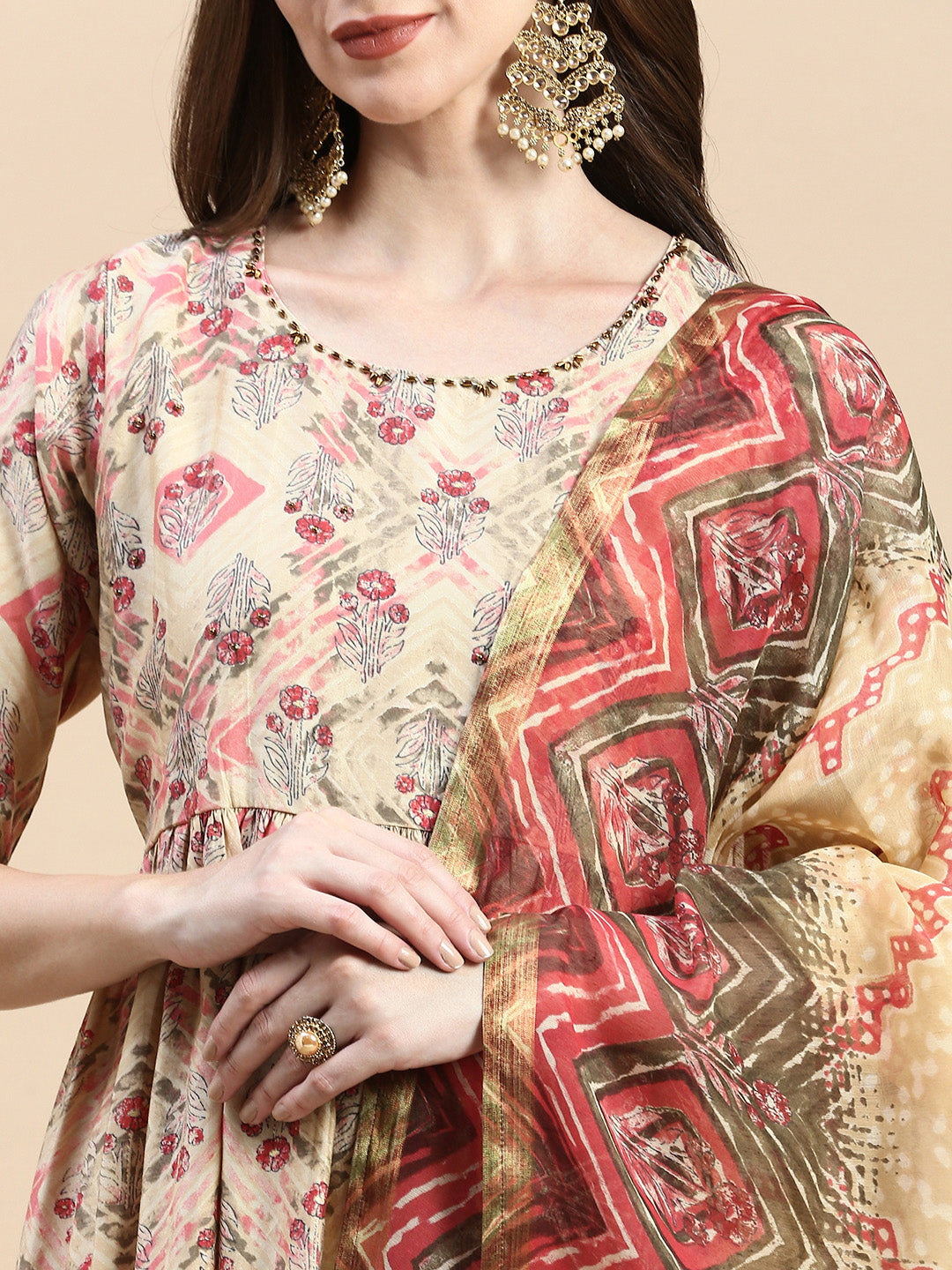 Women Floral Beige A-Line Kurta Set with Dupatta