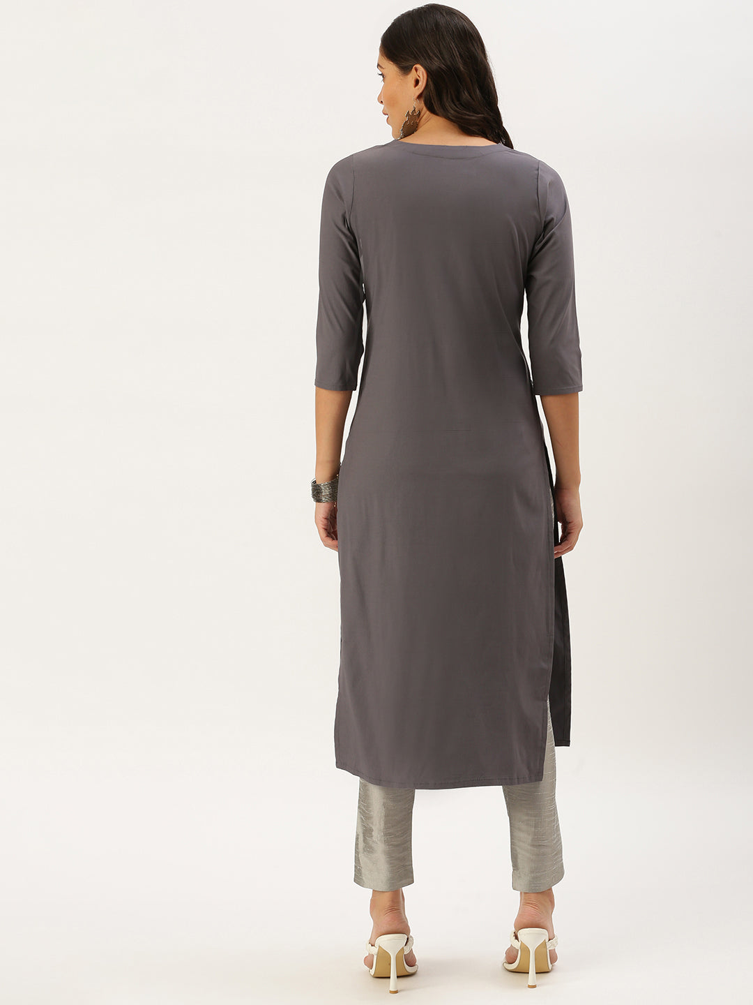 Women Embellished Grey Straight Kurta