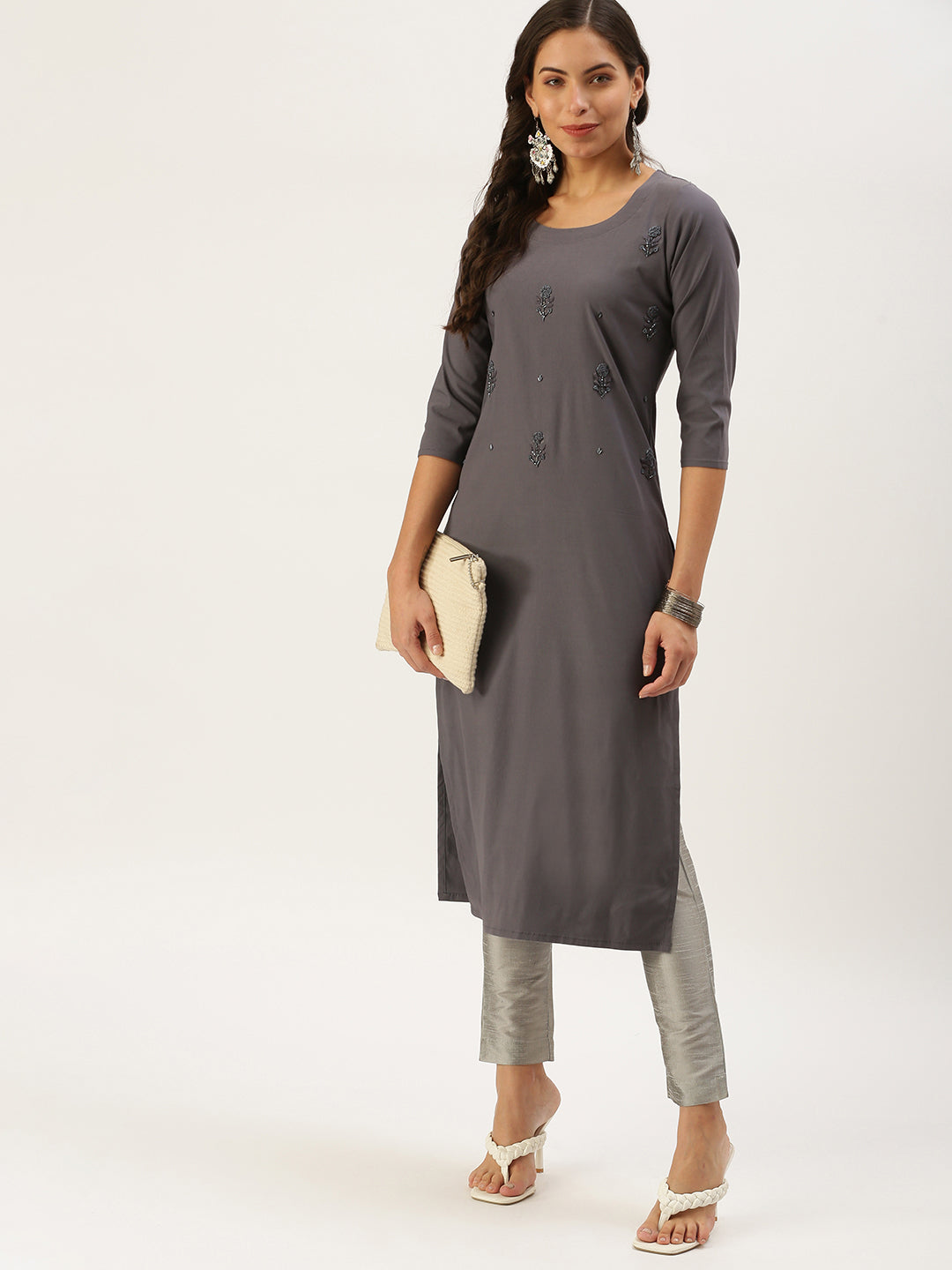 Women Embellished Grey Straight Kurta