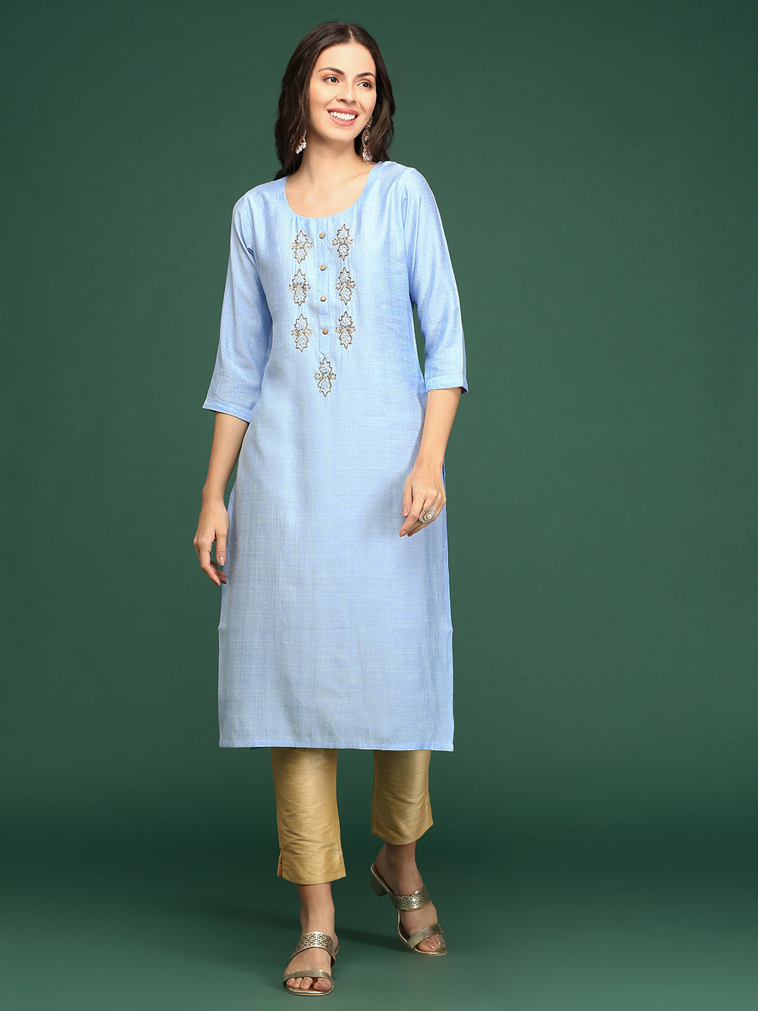 Women's Blue Embellished Straight Kurta