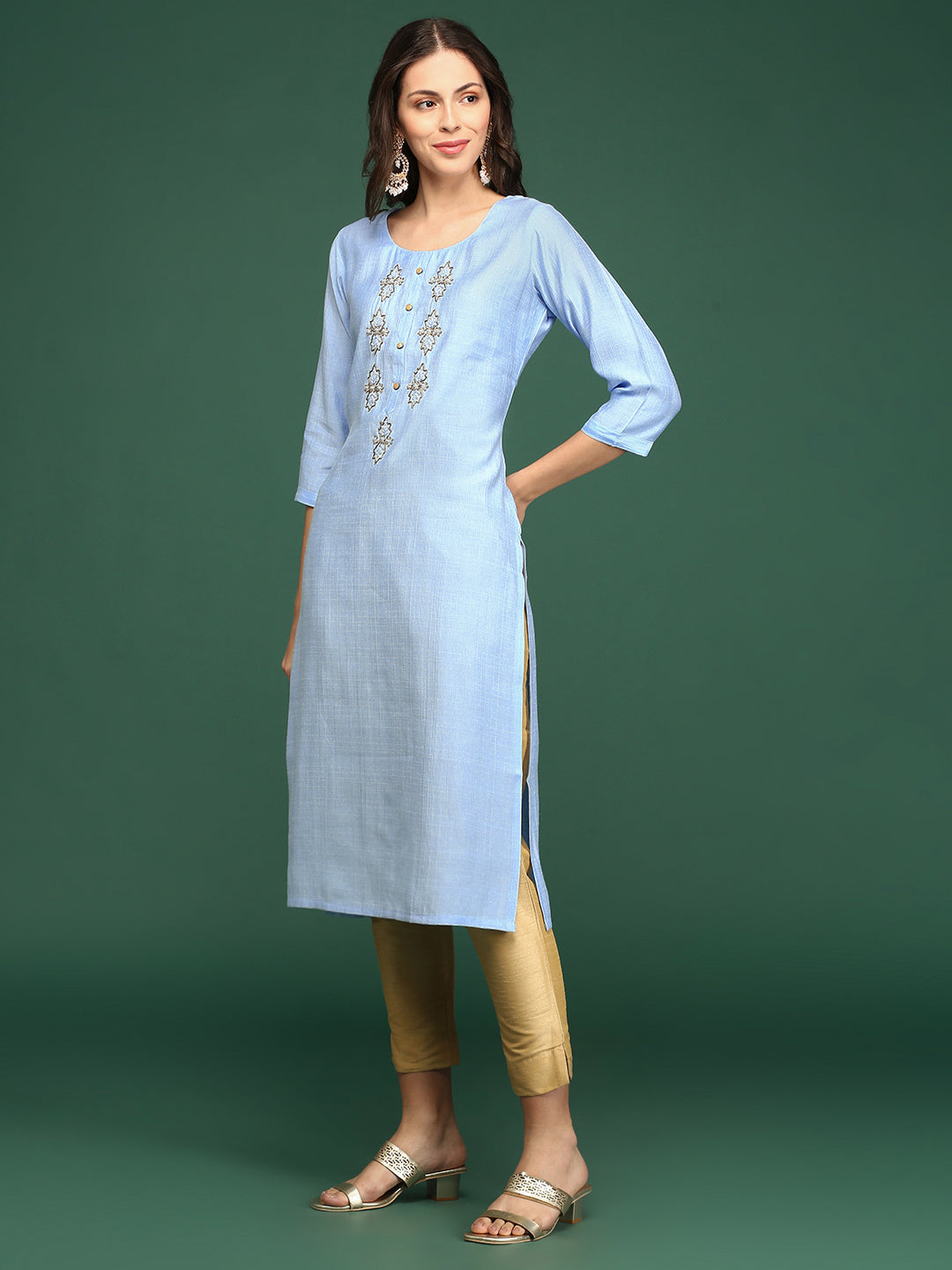 Women's Blue Embellished Straight Kurta