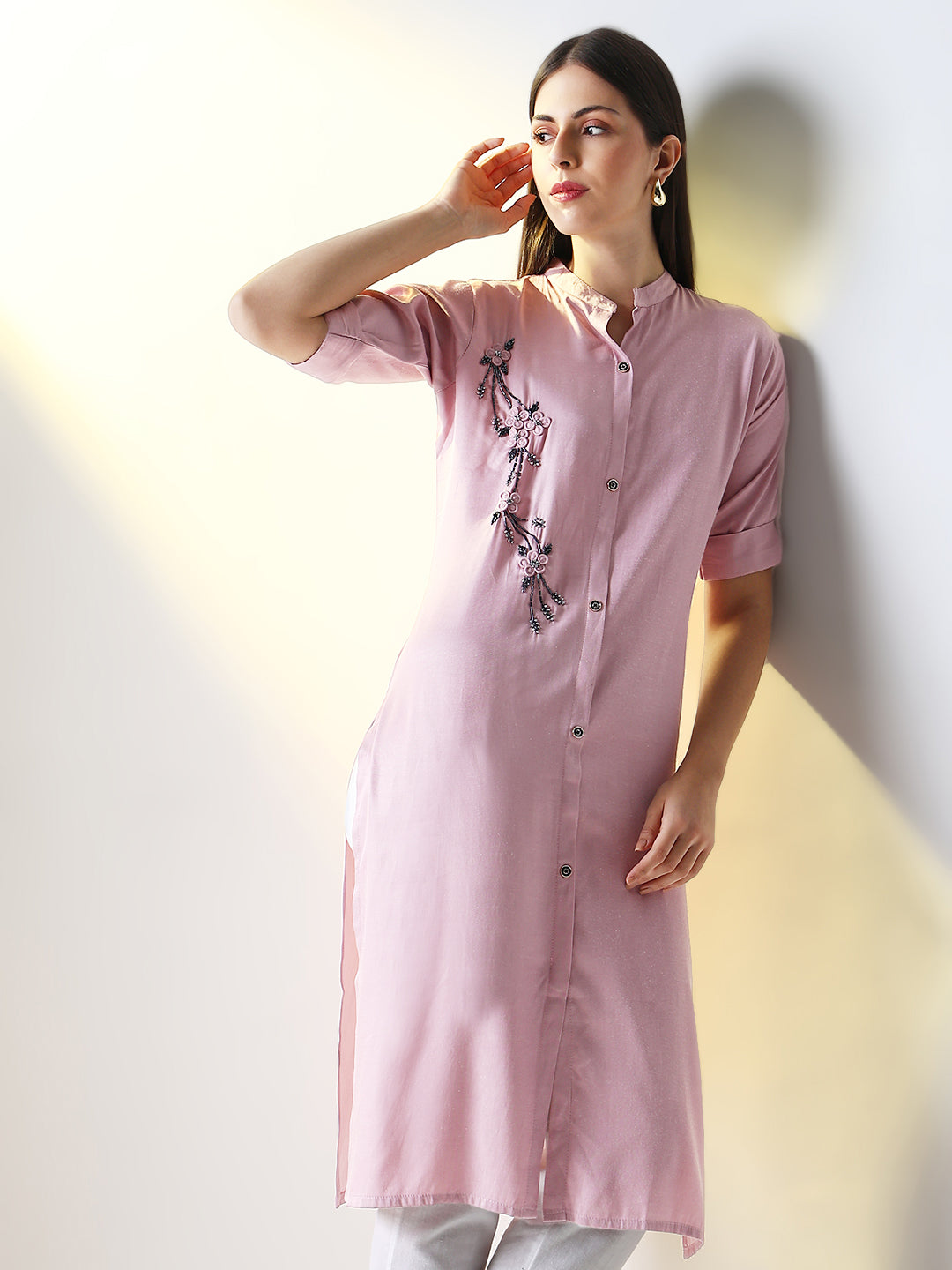 Women Pink Solid Straight Kurta