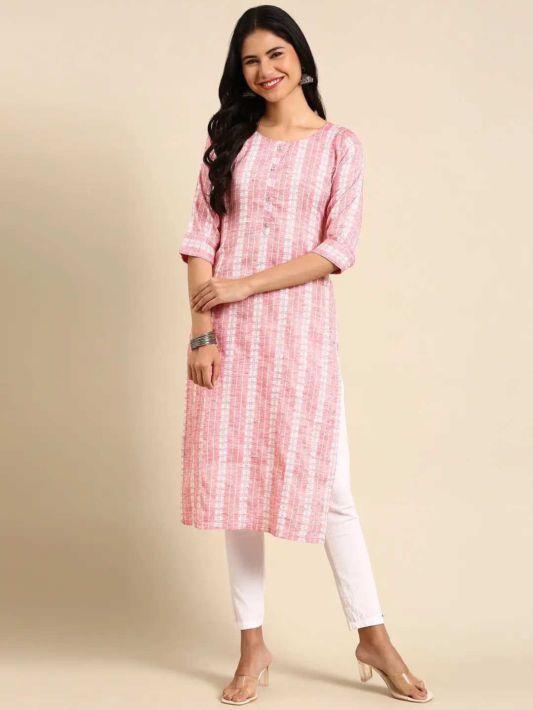 Women's Woven Design Pink Straight Kurta