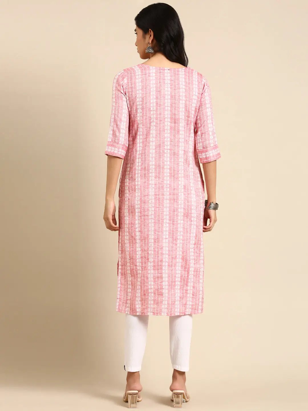 Women's Woven Design Pink Straight Kurta