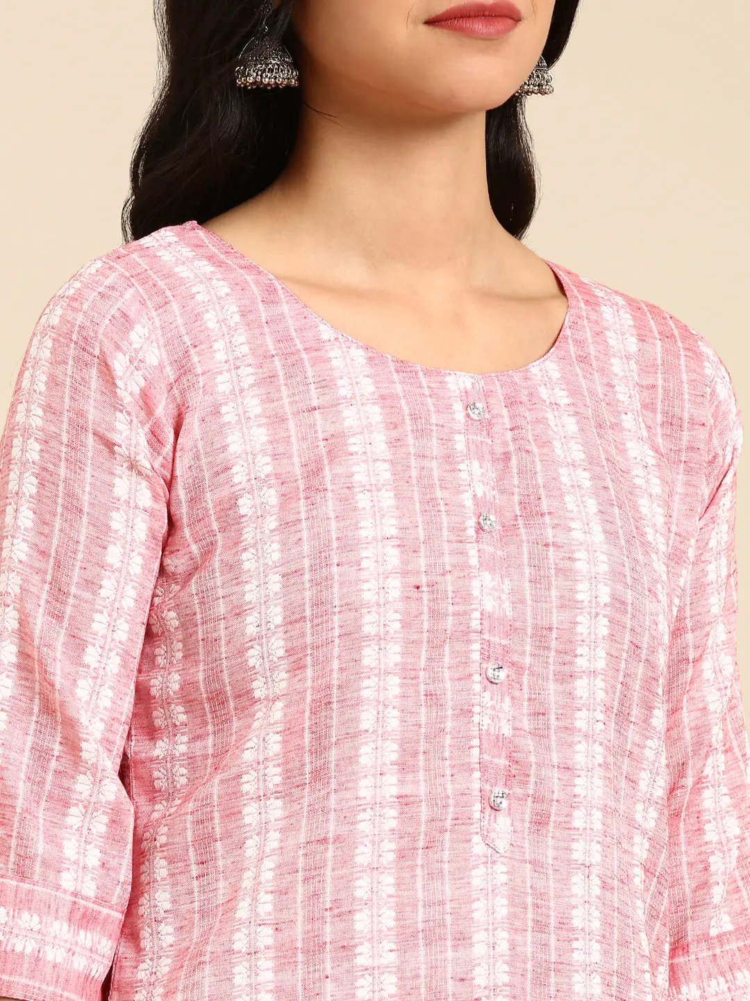 Women's Woven Design Pink Straight Kurta