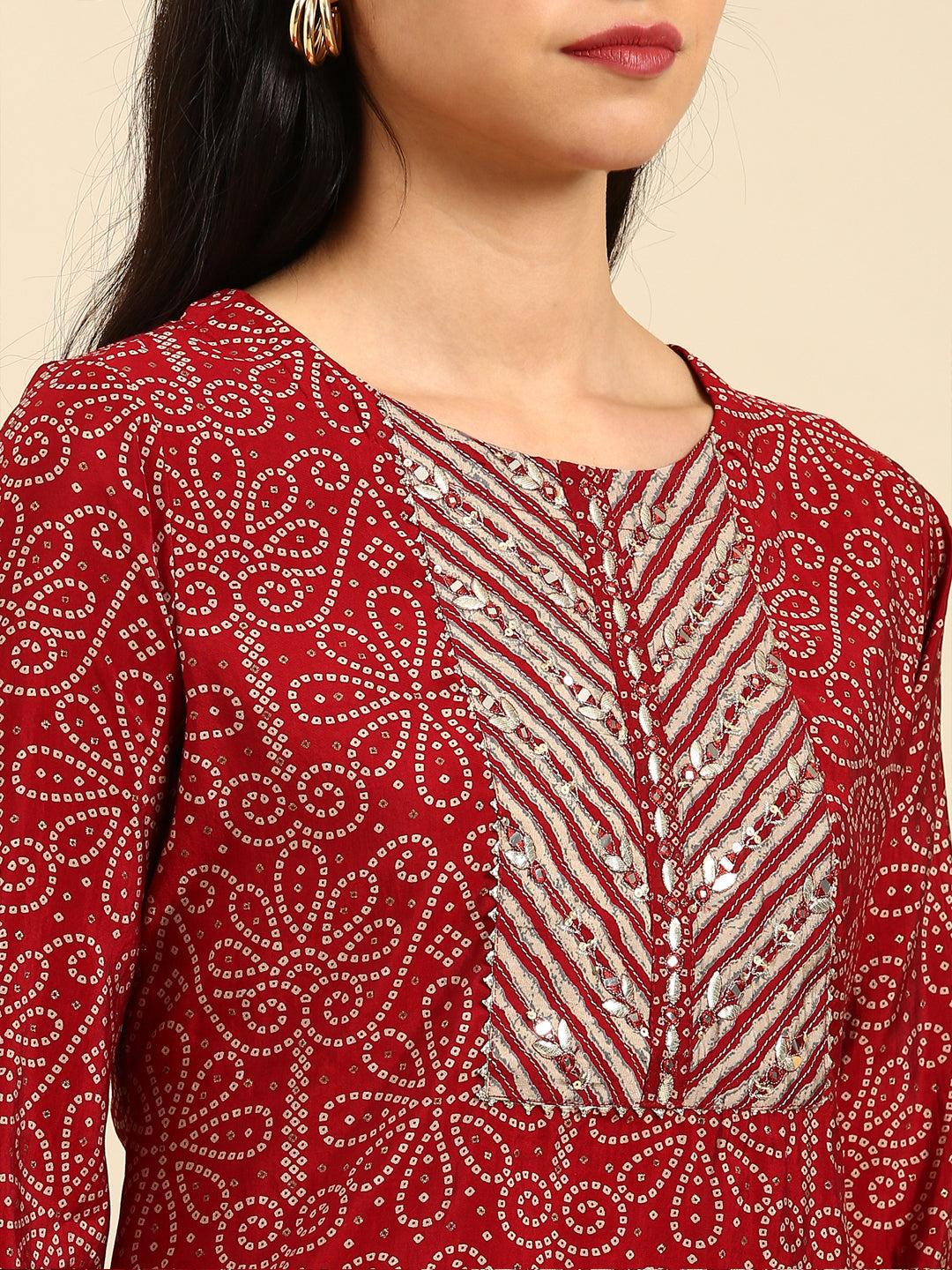 Women Leheriya Maroon Straight Kurta Set