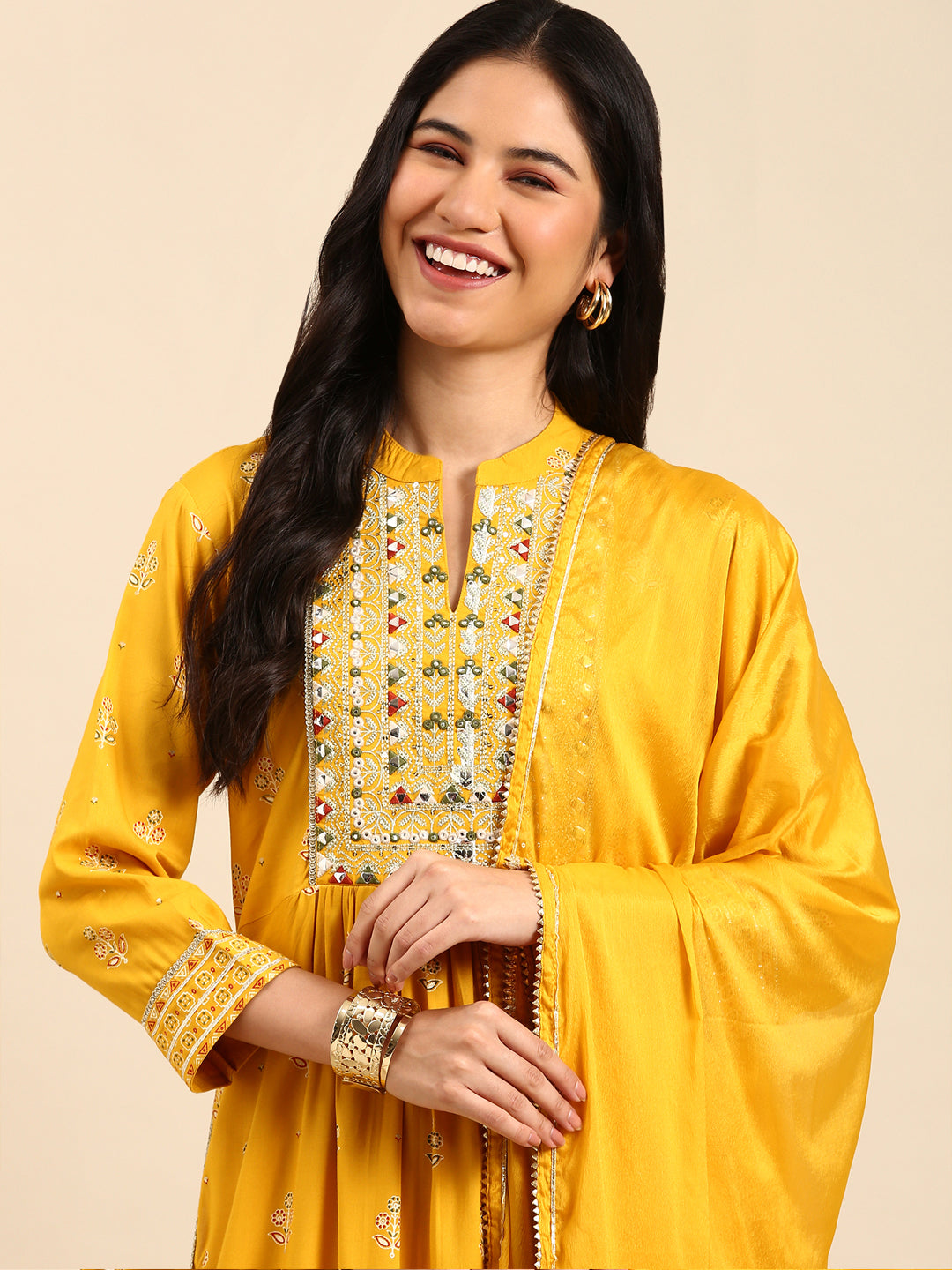 Women Graphic Yellow Anarkali Kurta Set with Dupatta