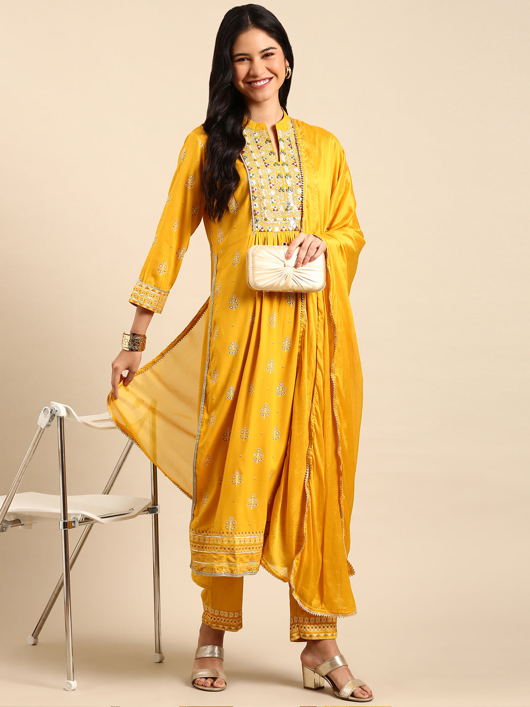 Women Graphic Yellow Anarkali Kurta Set with Dupatta