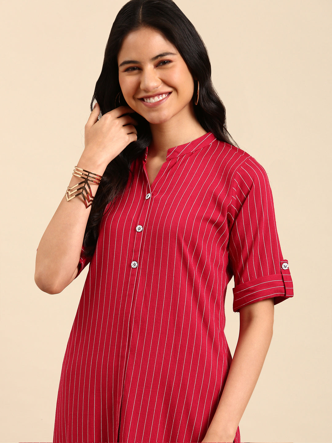 Women Striped Pink Straight Kurta Set