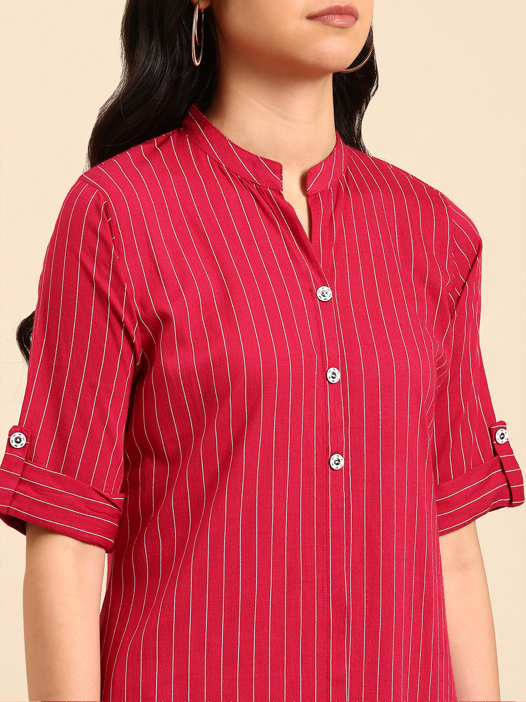 Women Striped Pink Straight Kurta Set