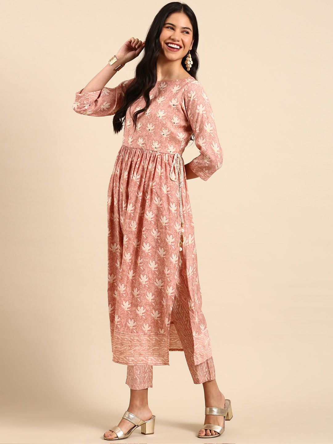 Women Floral Peach Anarkali Kurta Set