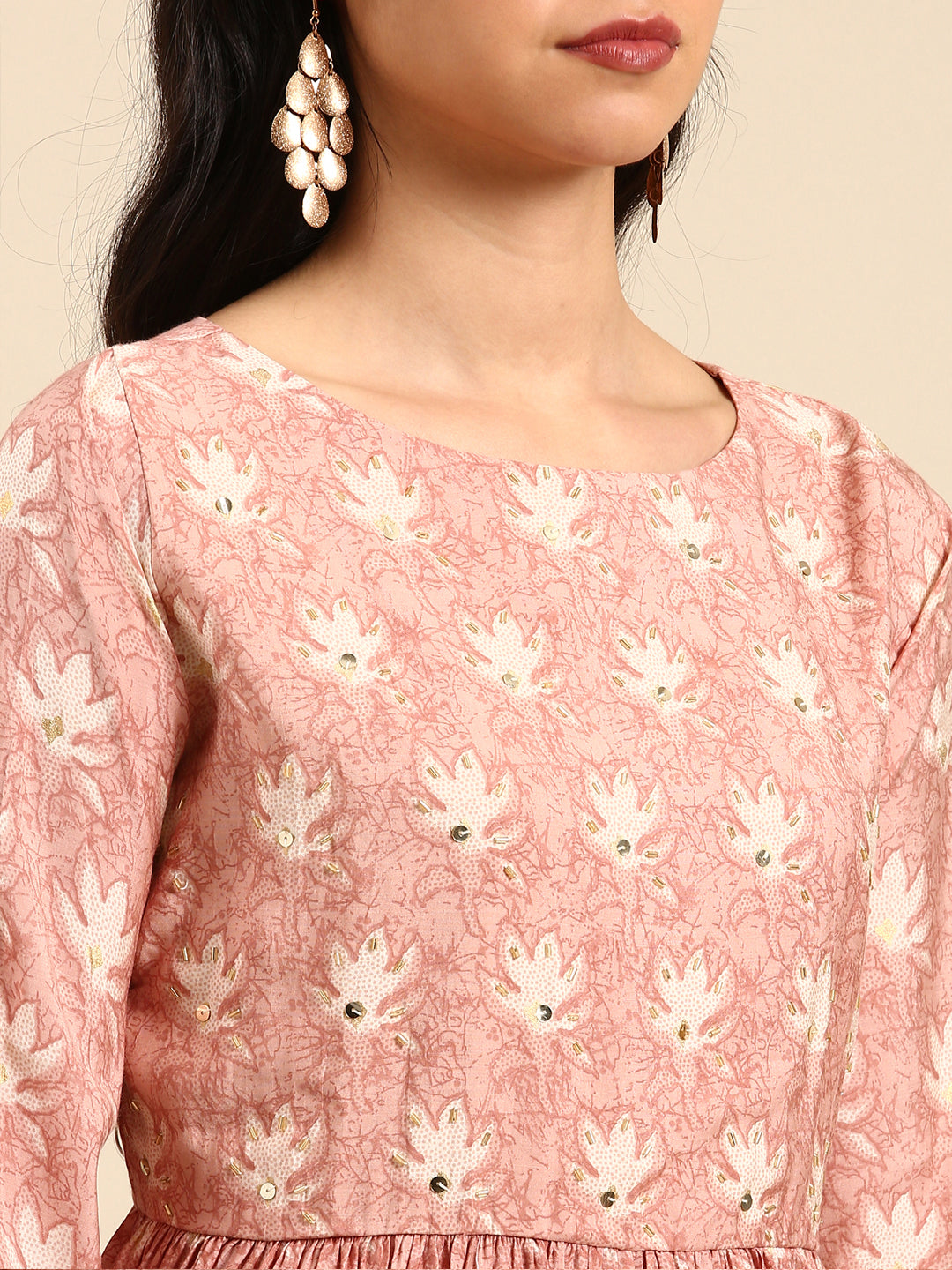 Women Floral Peach Anarkali Kurta Set