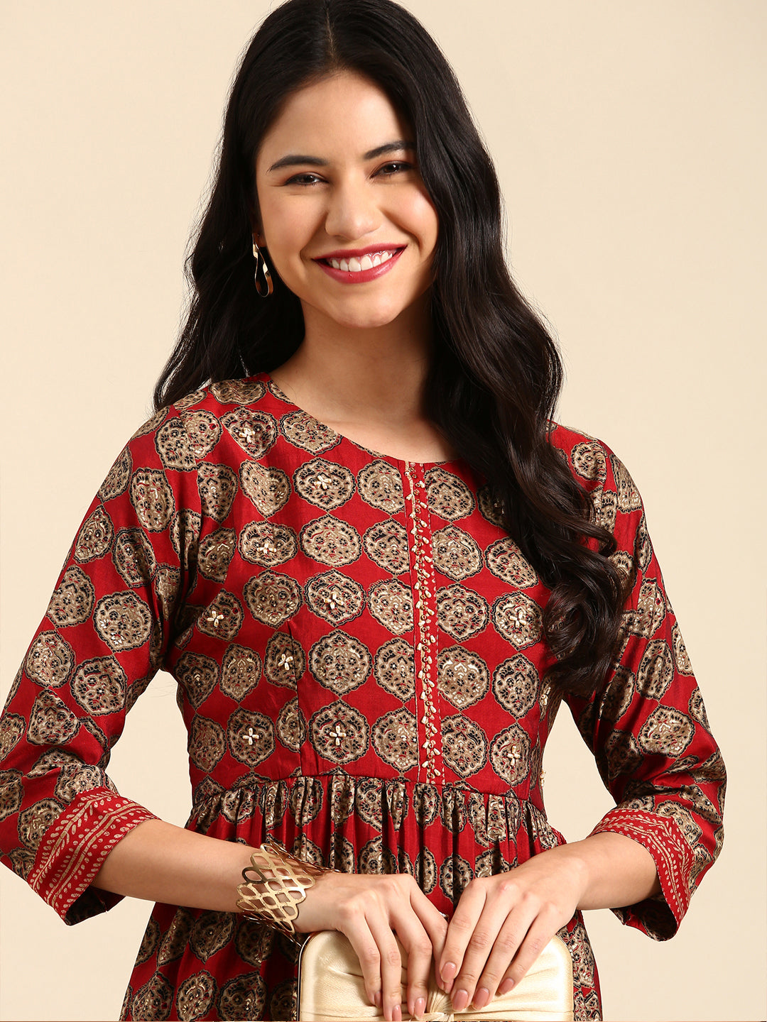 Women Graphic Maroon Anarkali Kurta Set