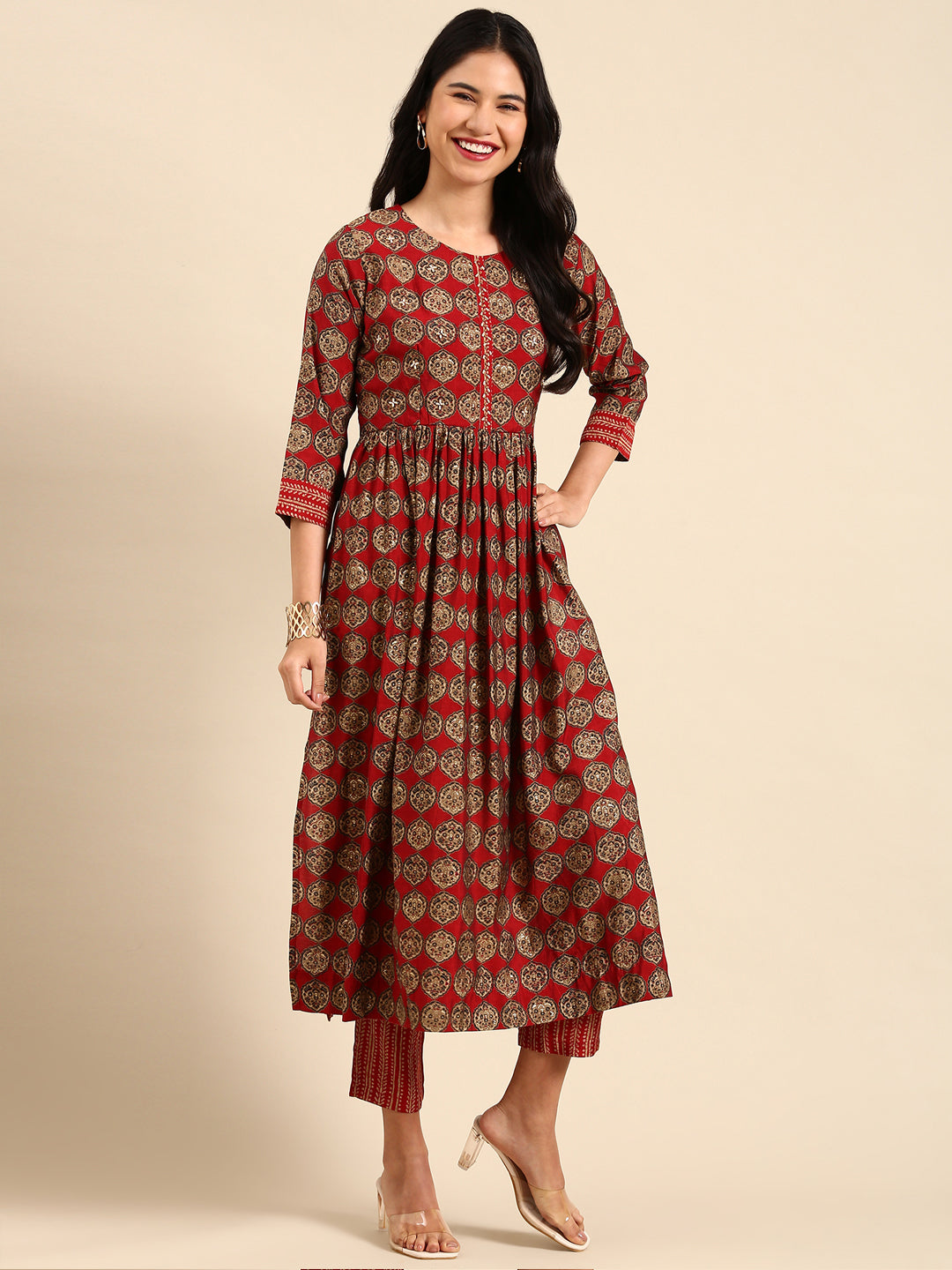 Women Graphic Maroon Anarkali Kurta Set