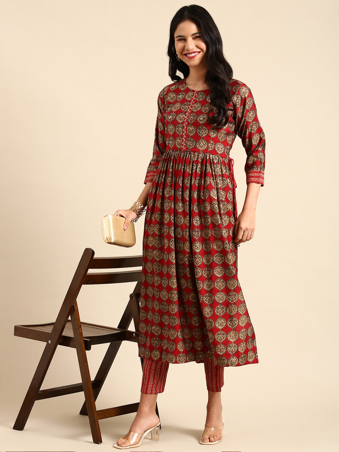 Women Graphic Maroon Anarkali Kurta Set