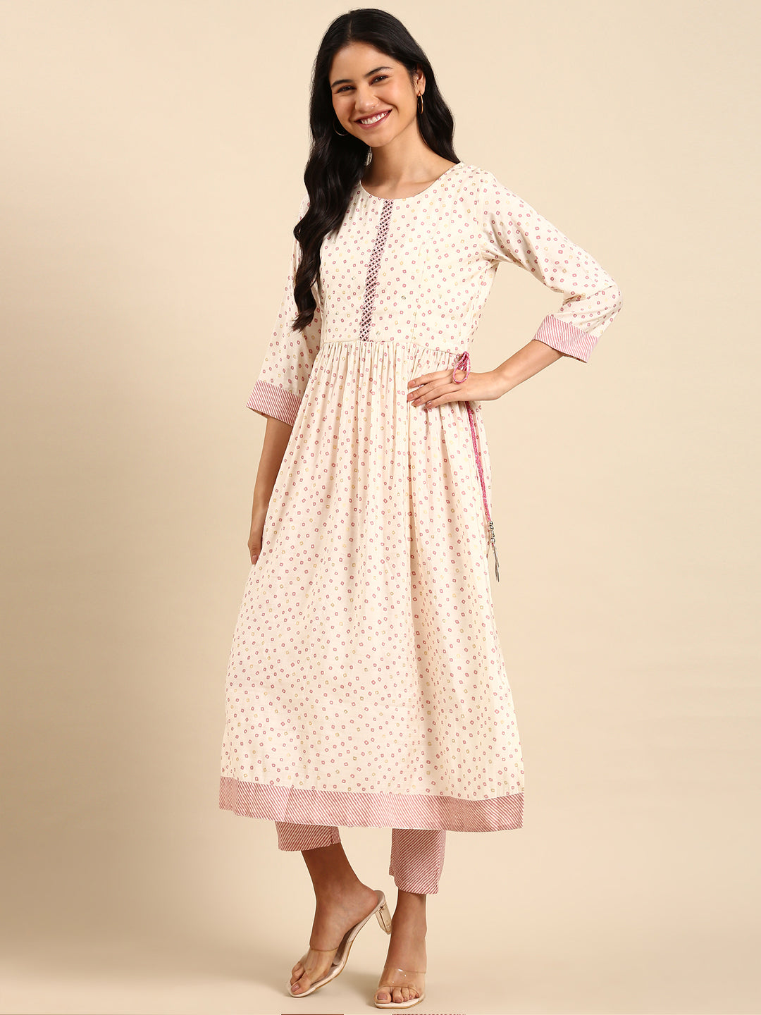 Women Bandhani Cream Anarkali Kurta Set