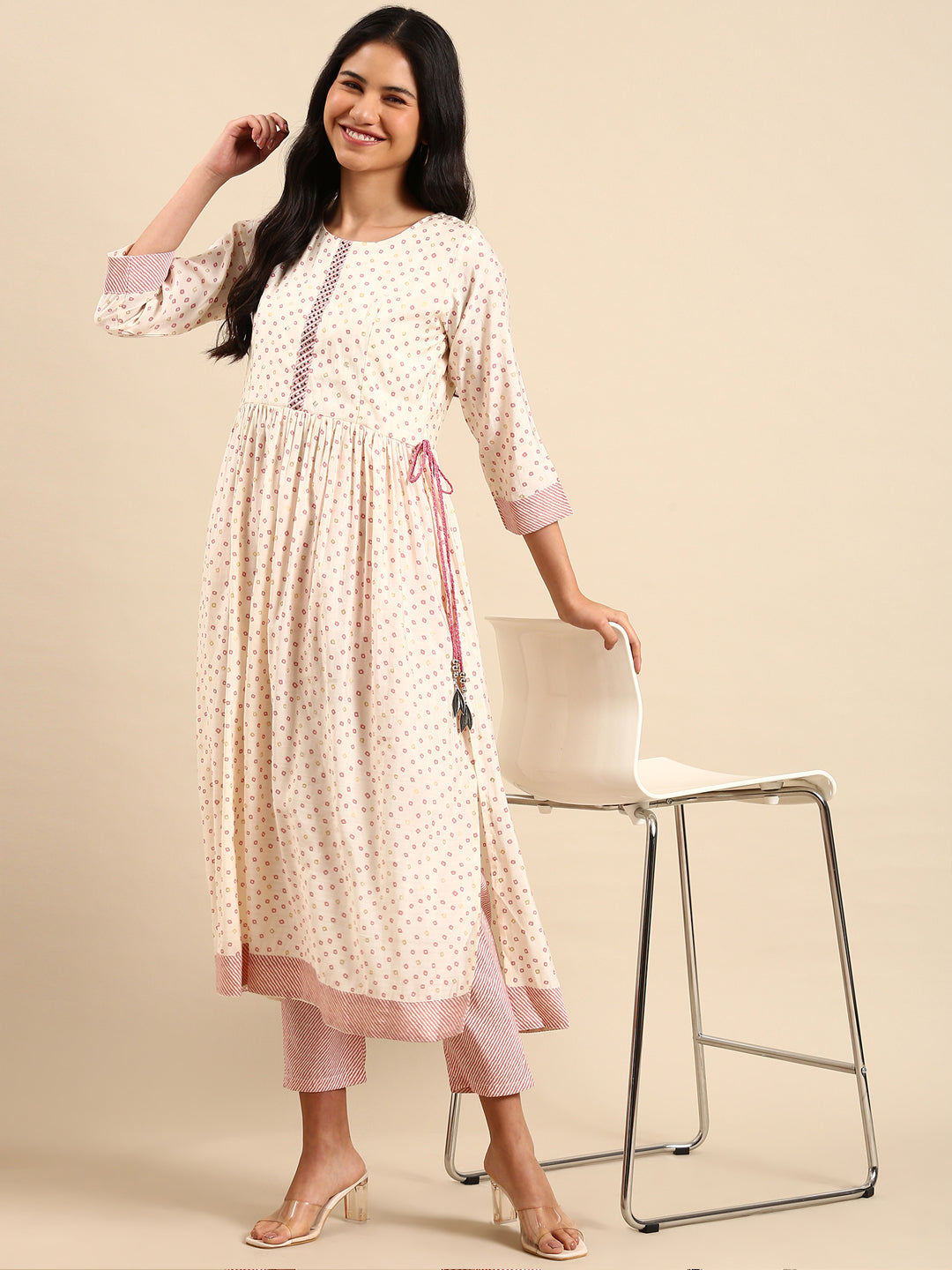 Women Bandhani Cream Anarkali Kurta Set