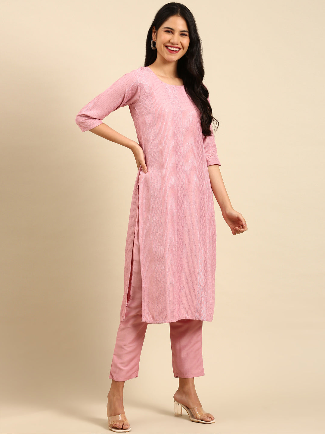 Women Solid Pink Straight Kurta Set