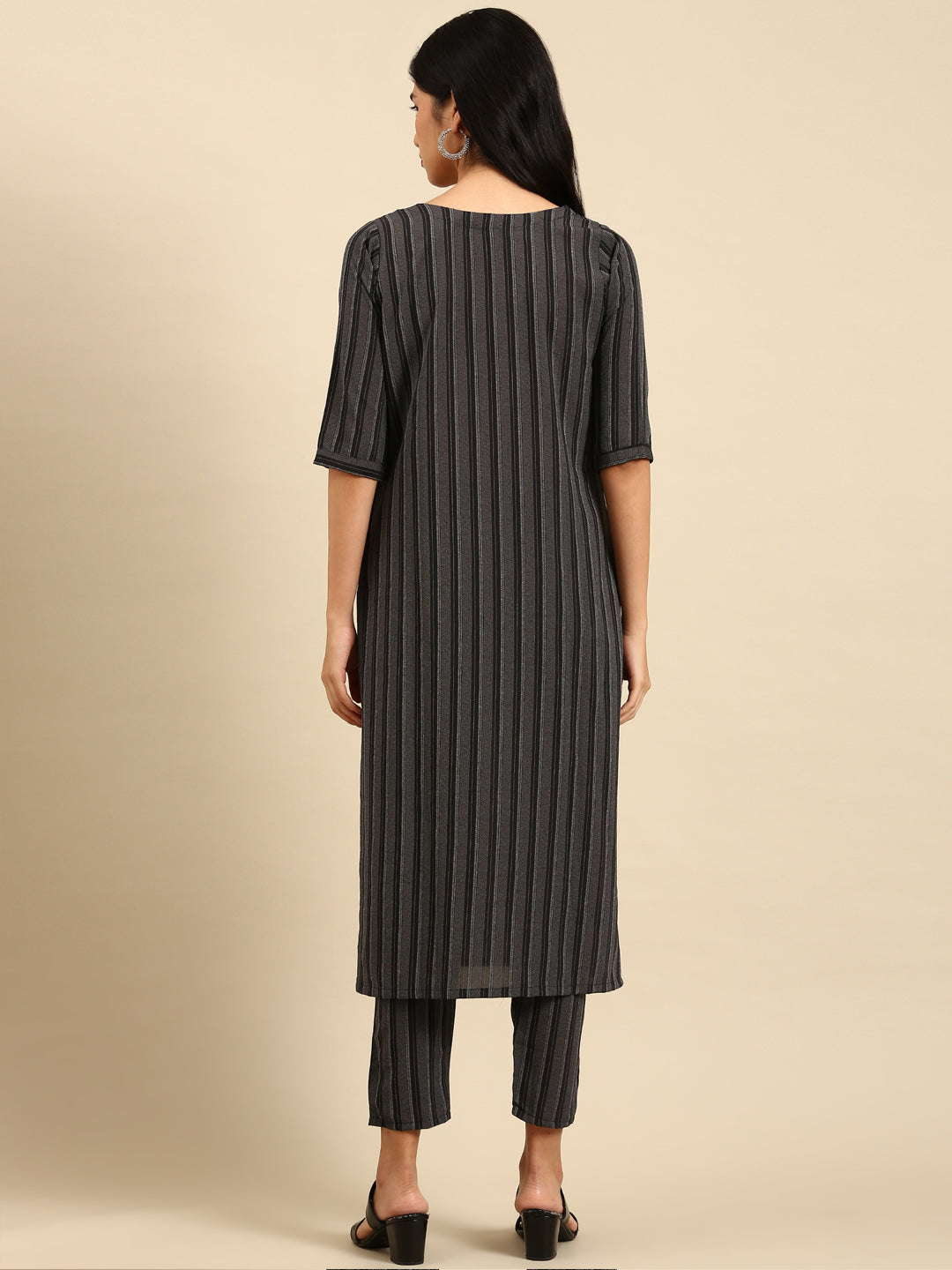 Women Striped Black Straight Kurta Set