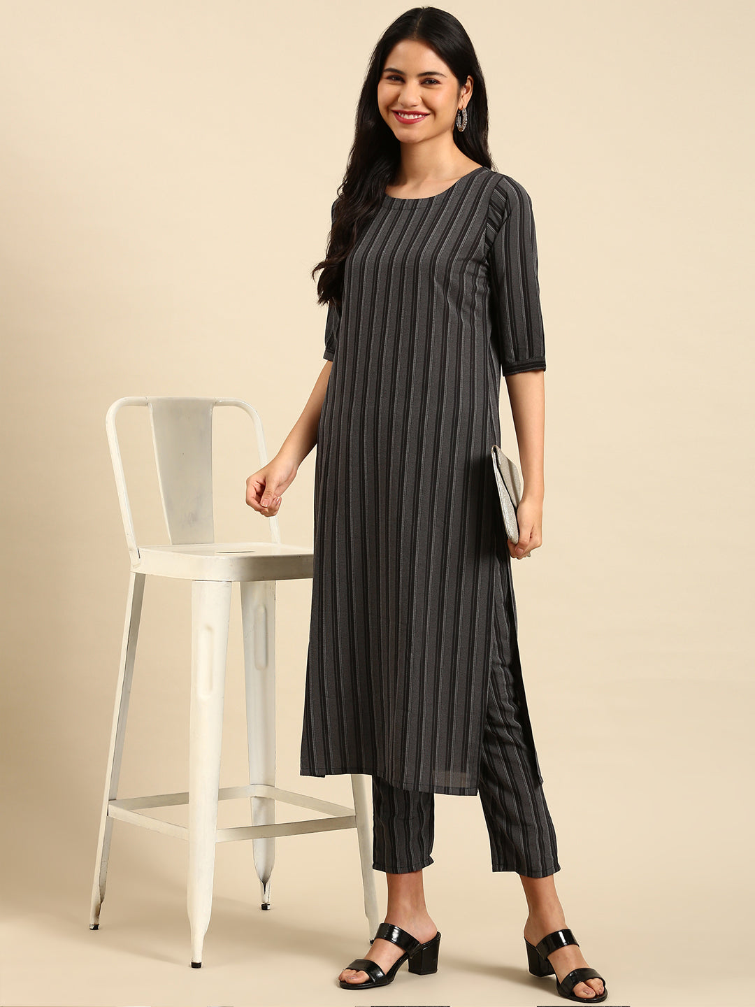 Women Striped Black Straight Kurta Set