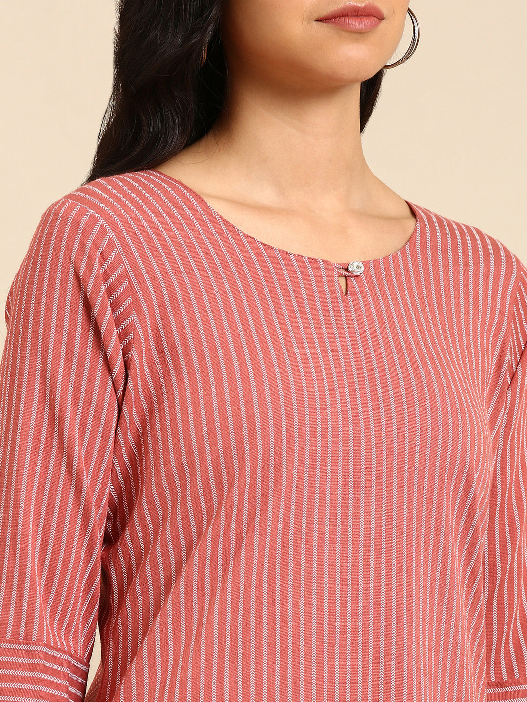 Women Striped Red Straight Kurta Set