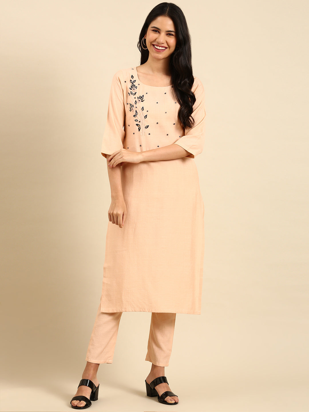 Women Solid Peach Straight Kurta Set