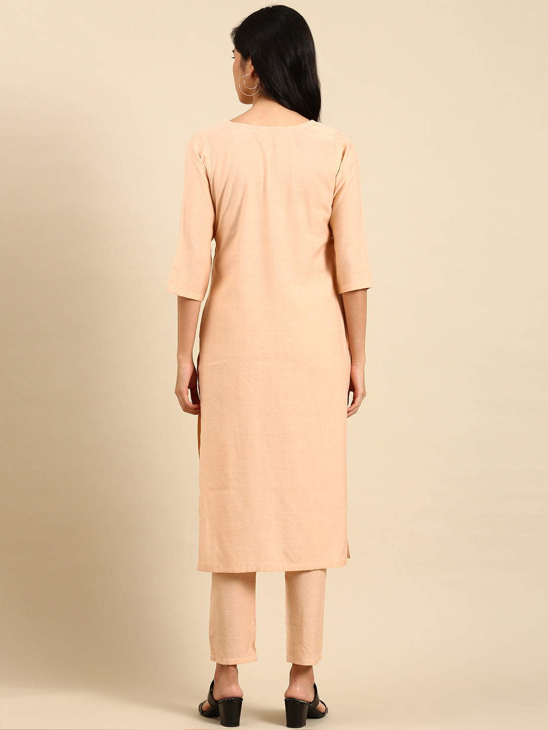 Women Solid Peach Straight Kurta Set