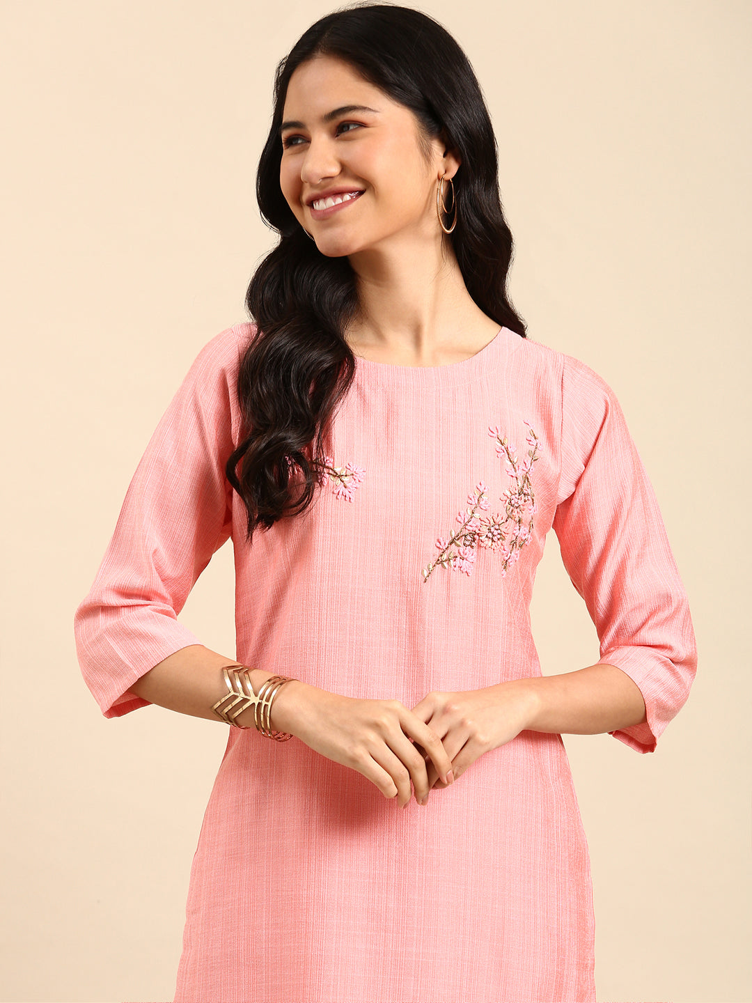 Women Solid Peach Straight Kurta Set