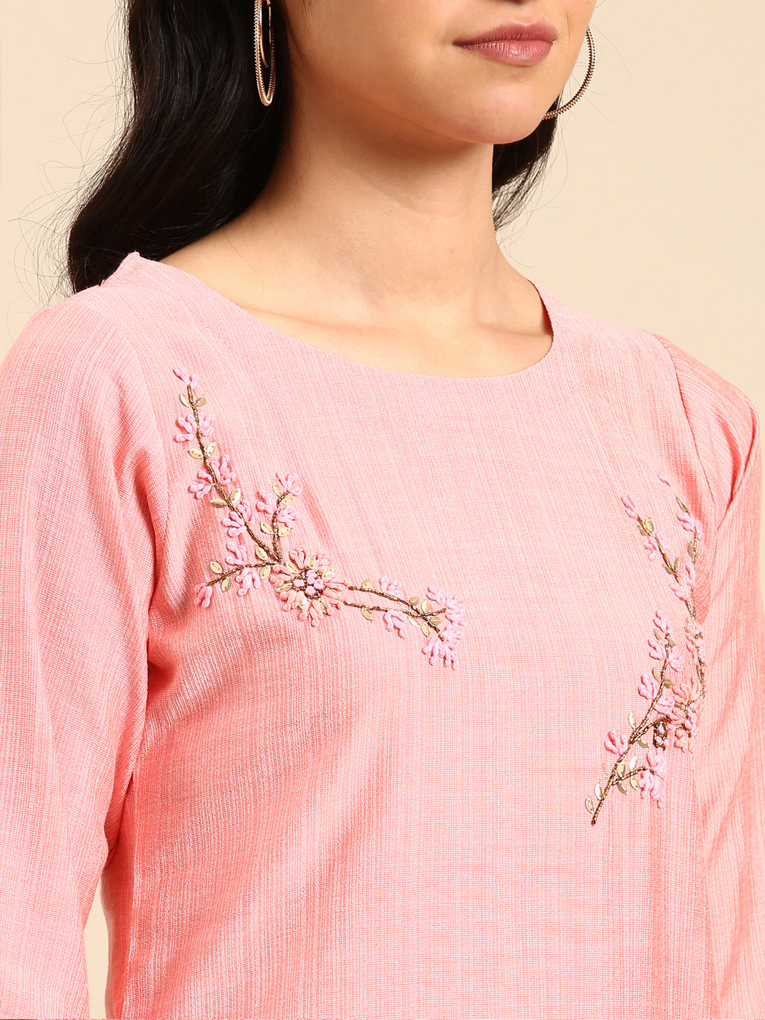 Women Solid Peach Straight Kurta Set