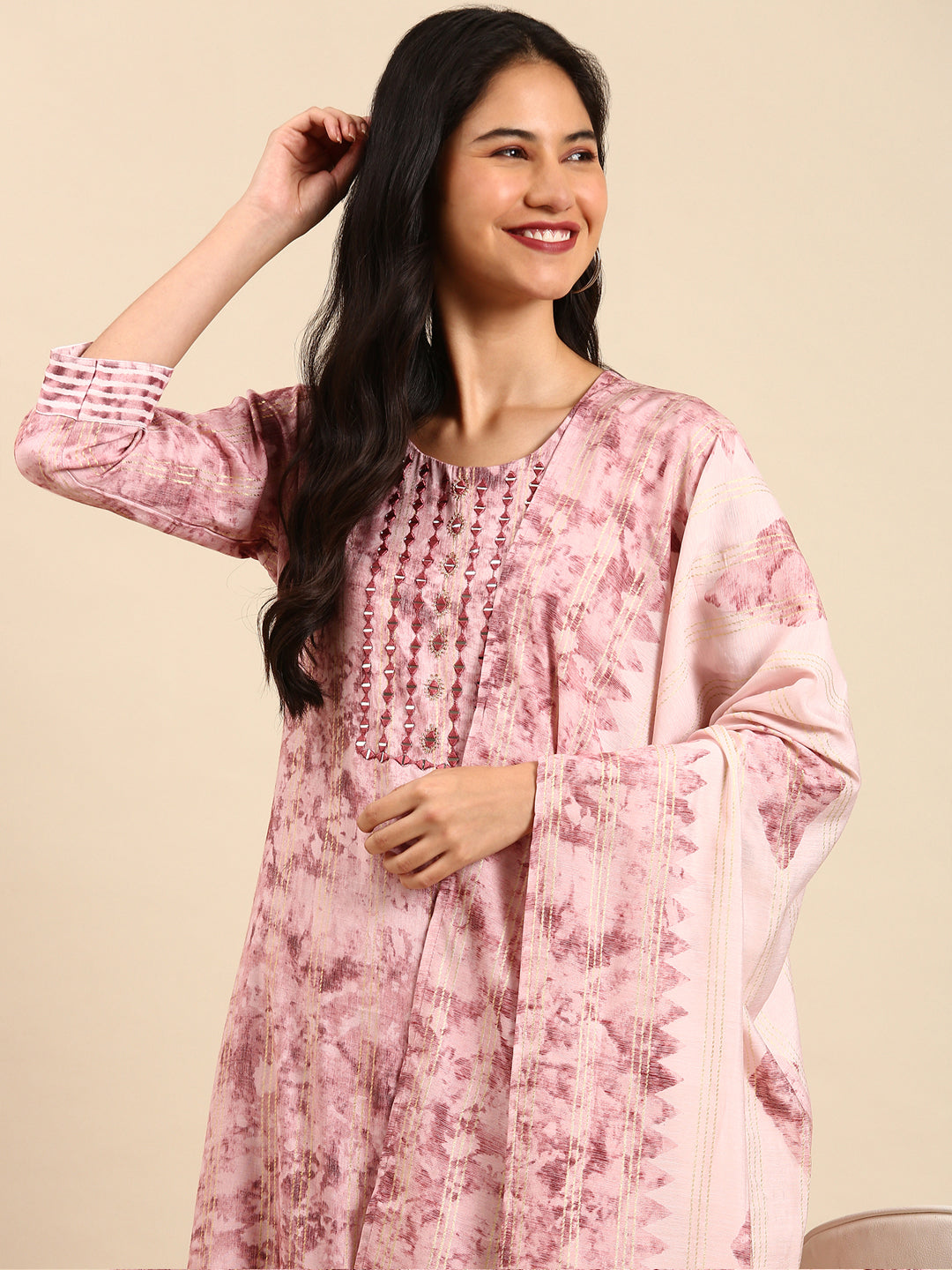 Women Abstract Peach Straight Kurta Set with Dupatta