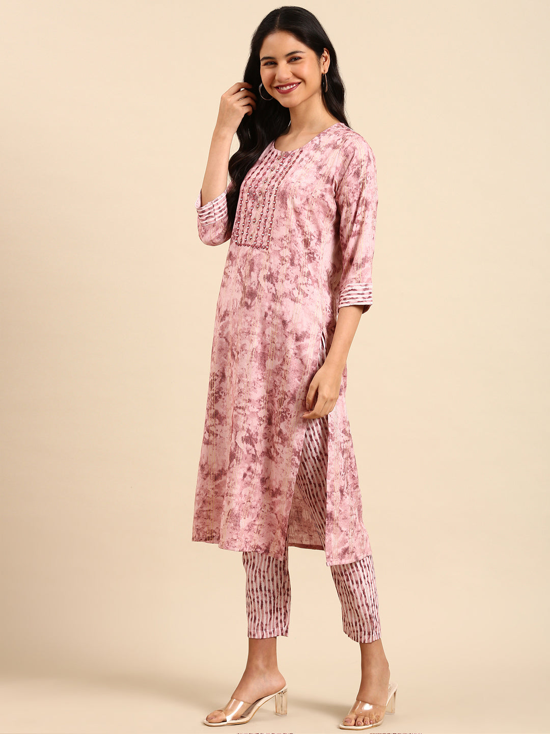 Women Abstract Peach Straight Kurta Set with Dupatta