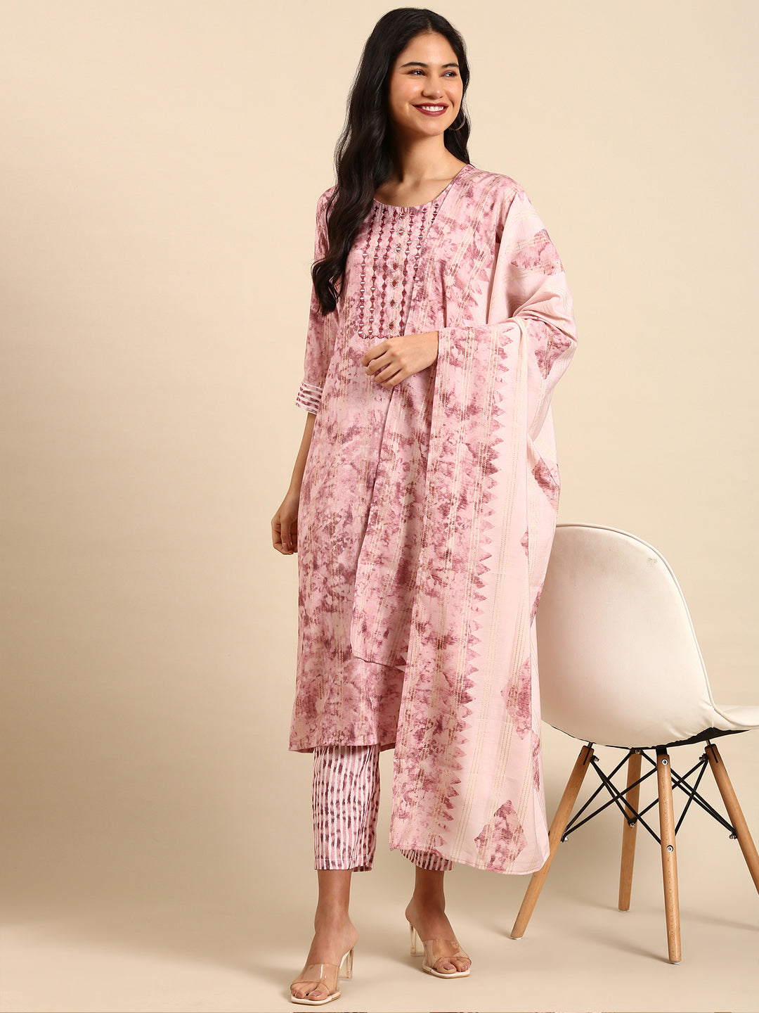 Women Abstract Peach Straight Kurta Set with Dupatta