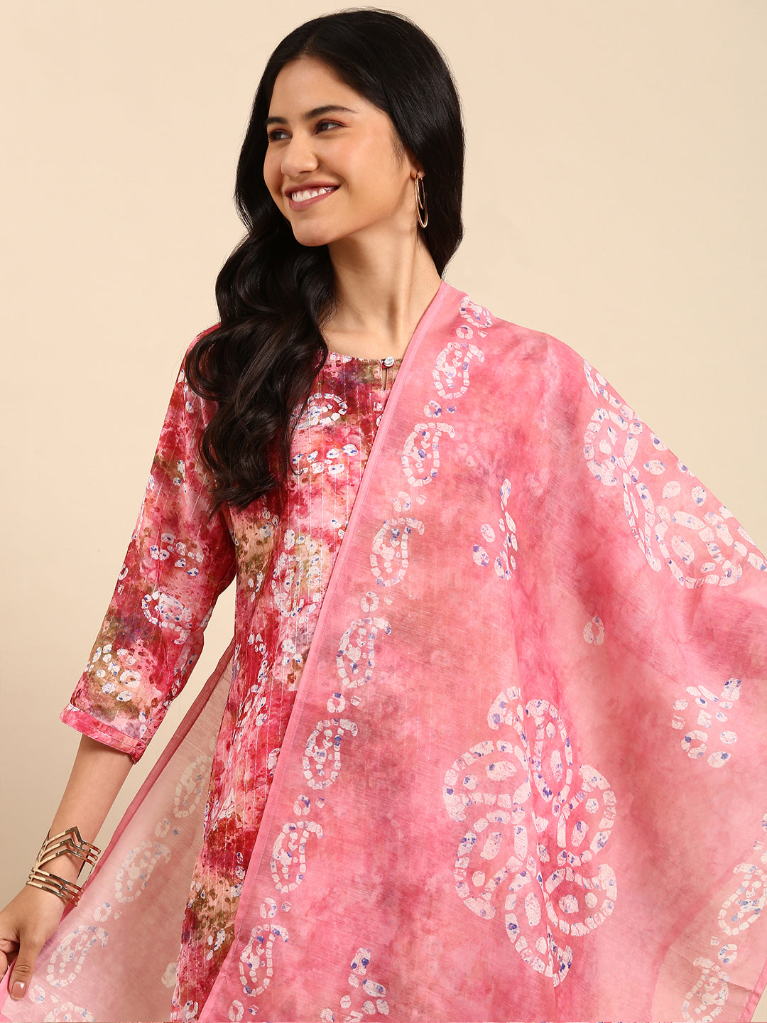 Women Paisley Pink Straight Kurta Set with Dupatta