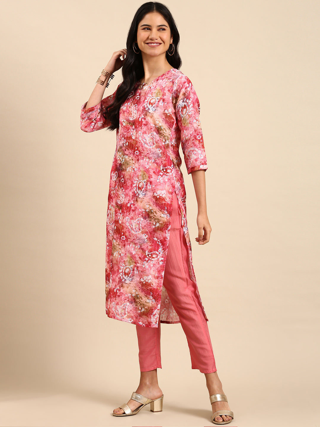 Women Paisley Pink Straight Kurta Set with Dupatta